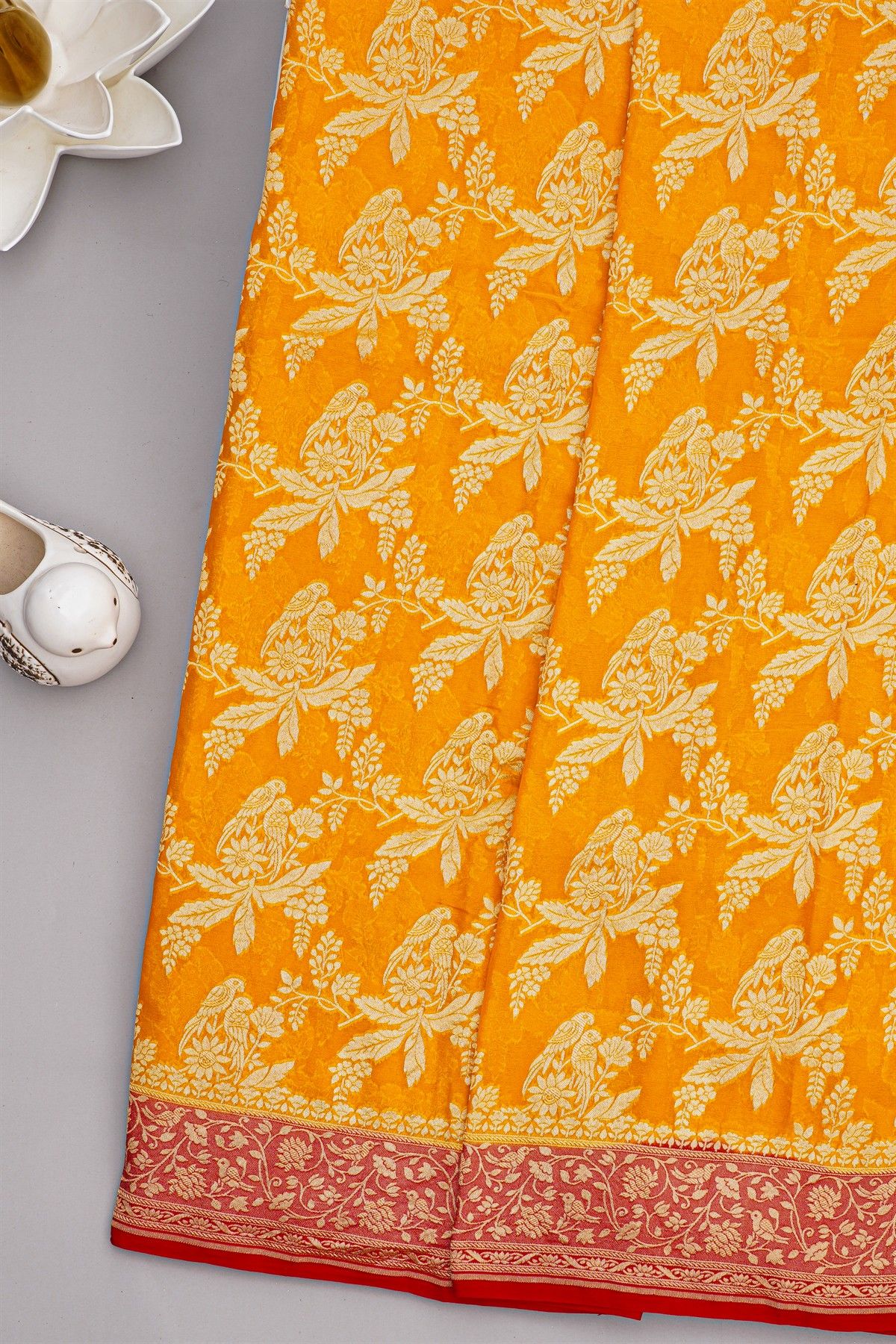 Banarasi Georgette Yellow Saree With Floral And Leaf Jaal With Birds Border