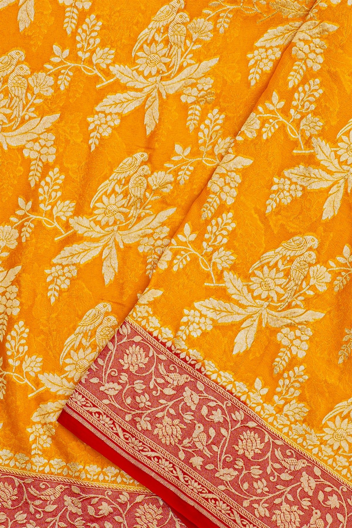Banarasi Georgette Yellow Saree With Floral And Leaf Jaal With Birds Border