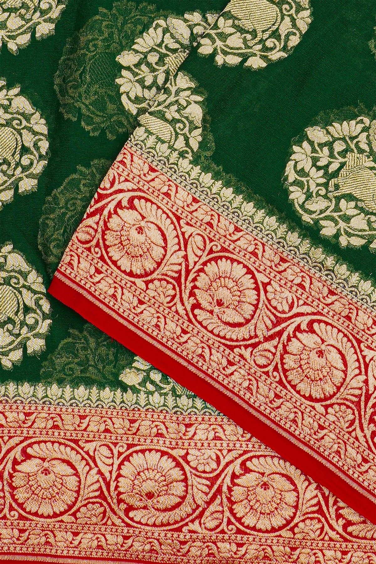 Banarasi Georgette Dark Green Saree With Florals And Leaves With Cows Body
