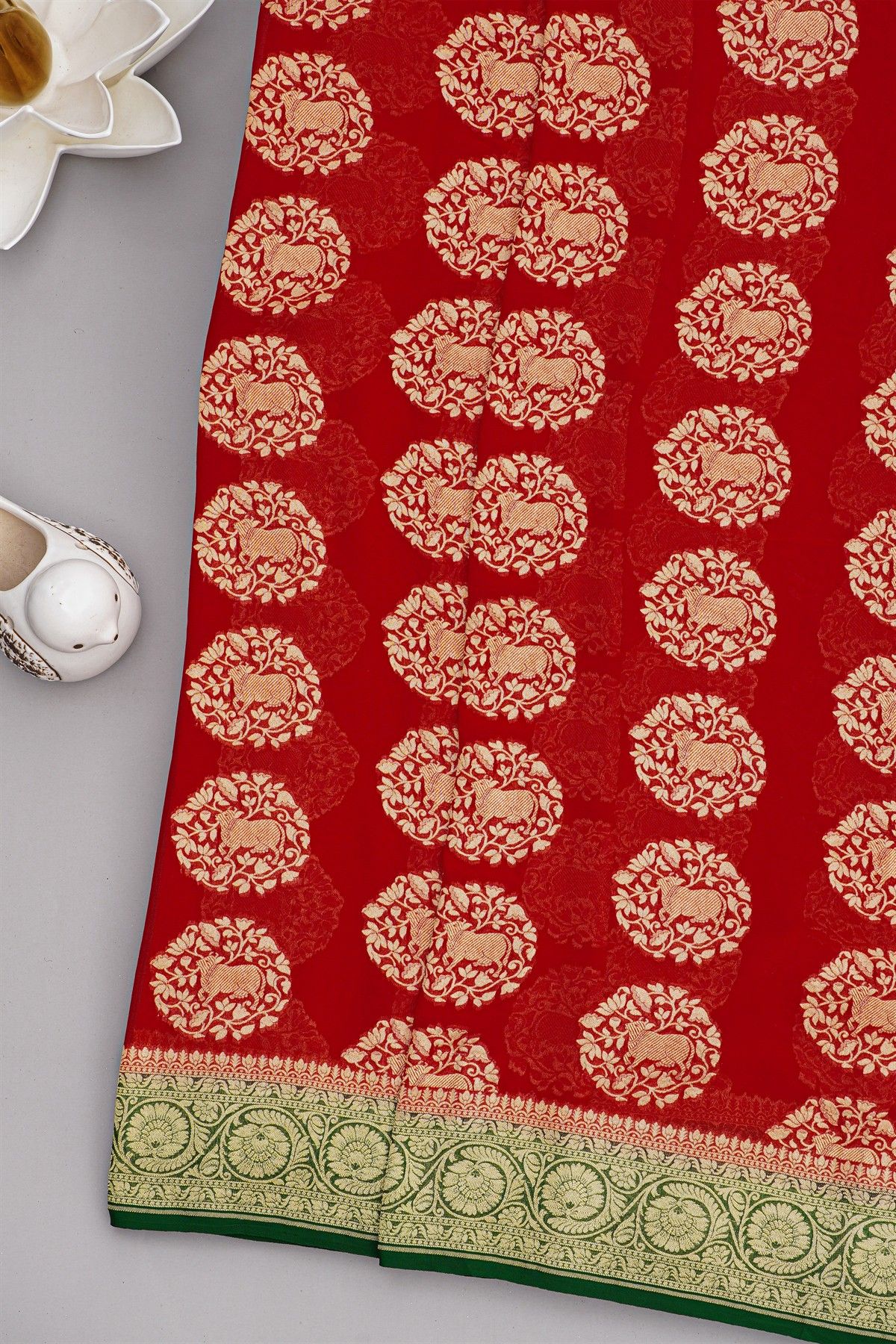 Banarasi Georgette Red Saree With Florals And Cow Buttis Body