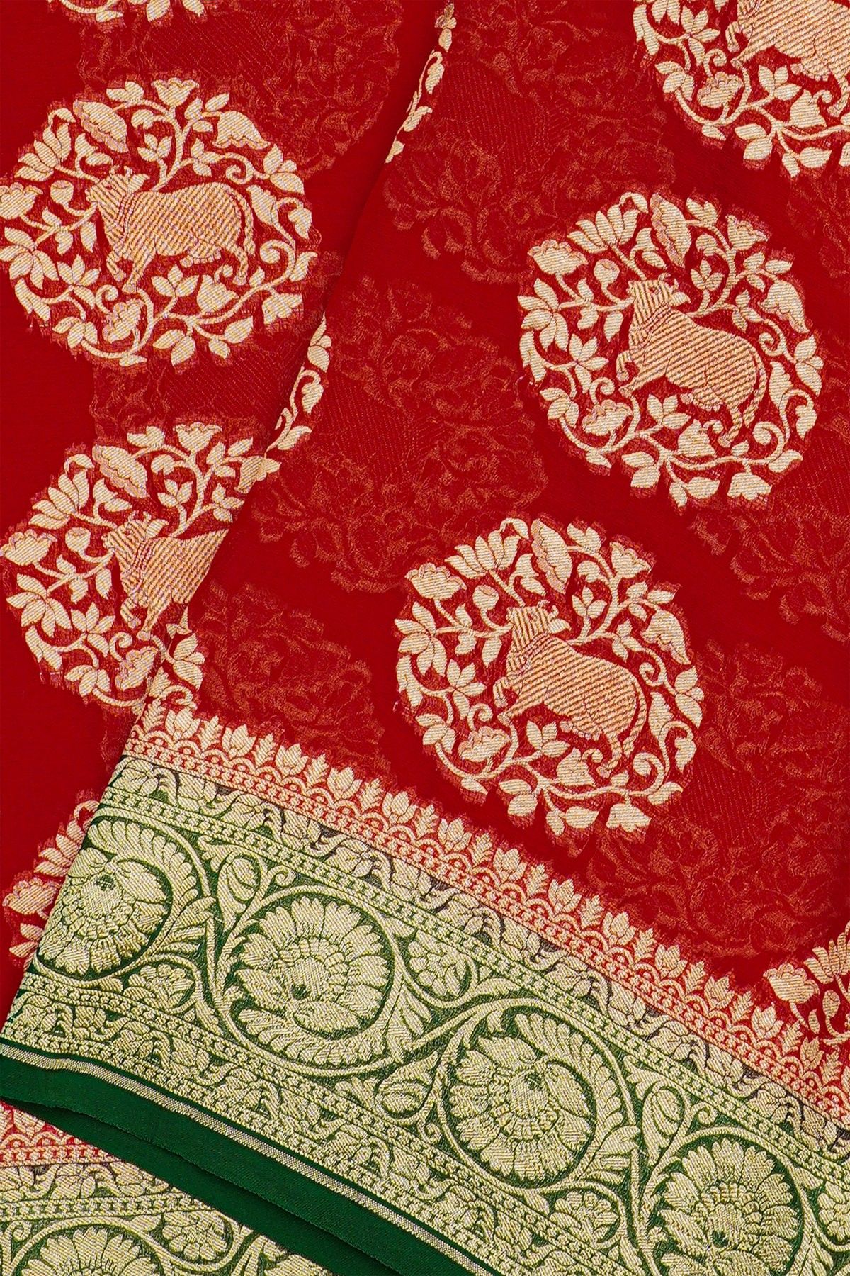 Banarasi Georgette Red Saree With Florals And Cow Buttis Body