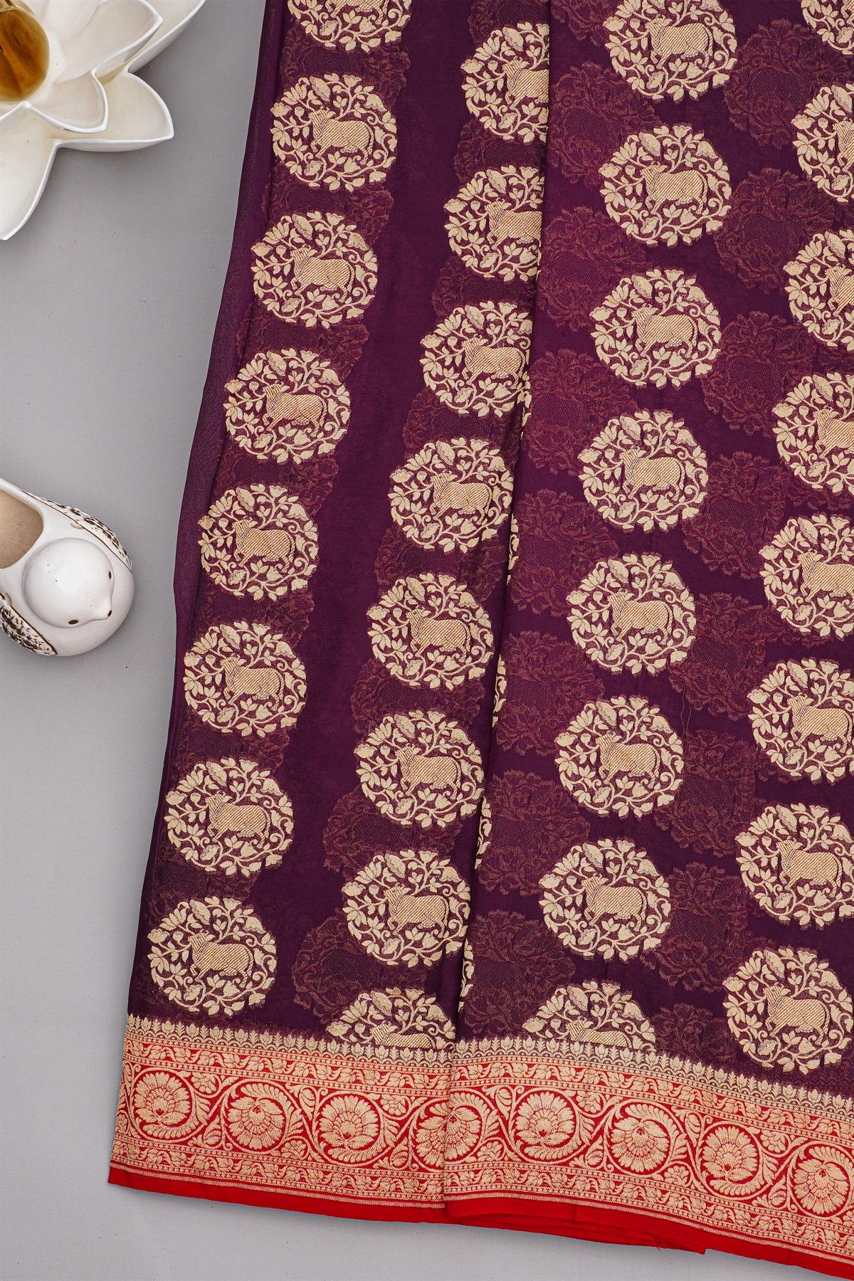 Banarasi Georgette Wine Saree With Florals And Cow Buttis Body