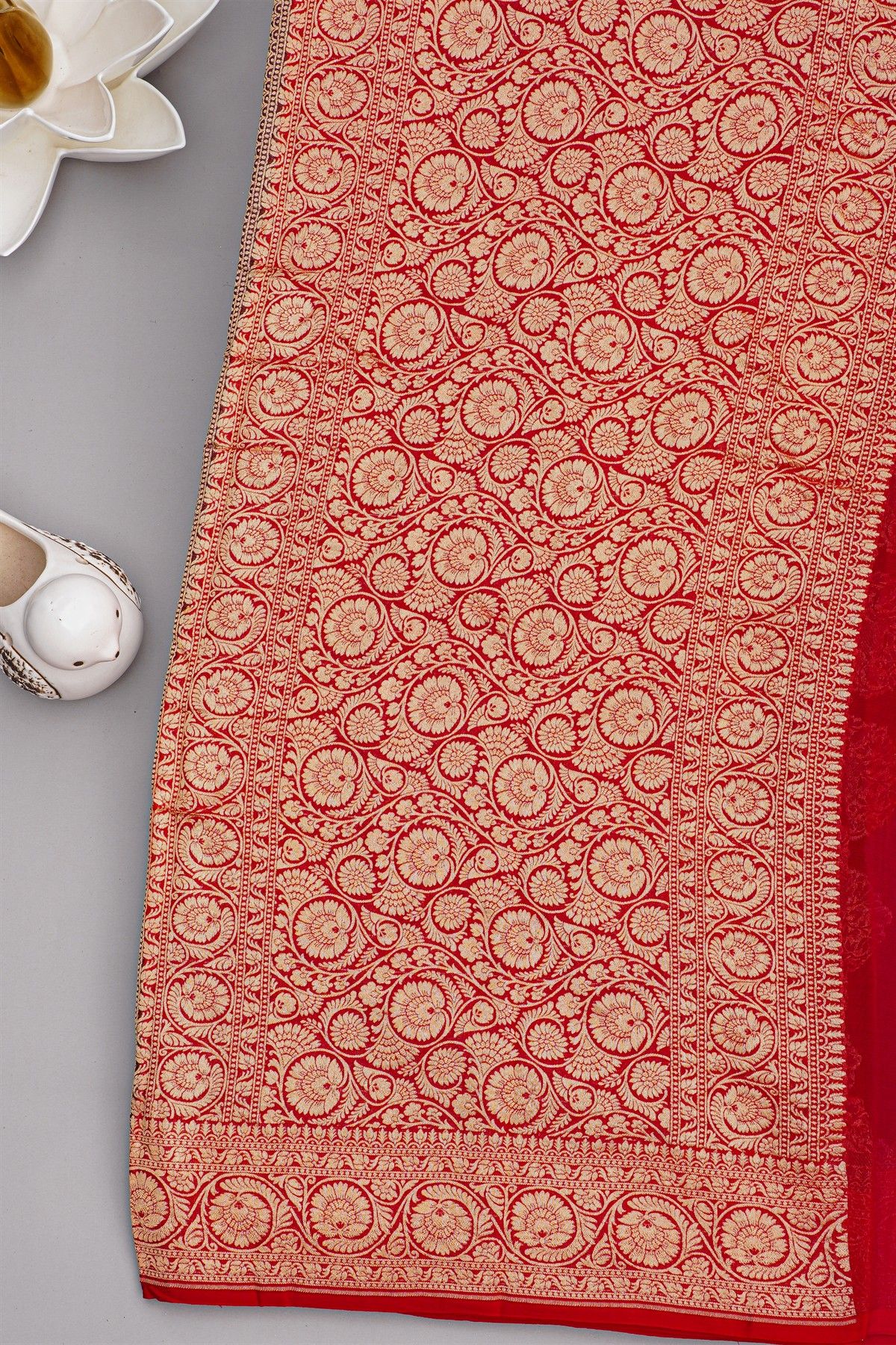 Banarasi Georgette Wine Saree With Florals And Cow Buttis Body