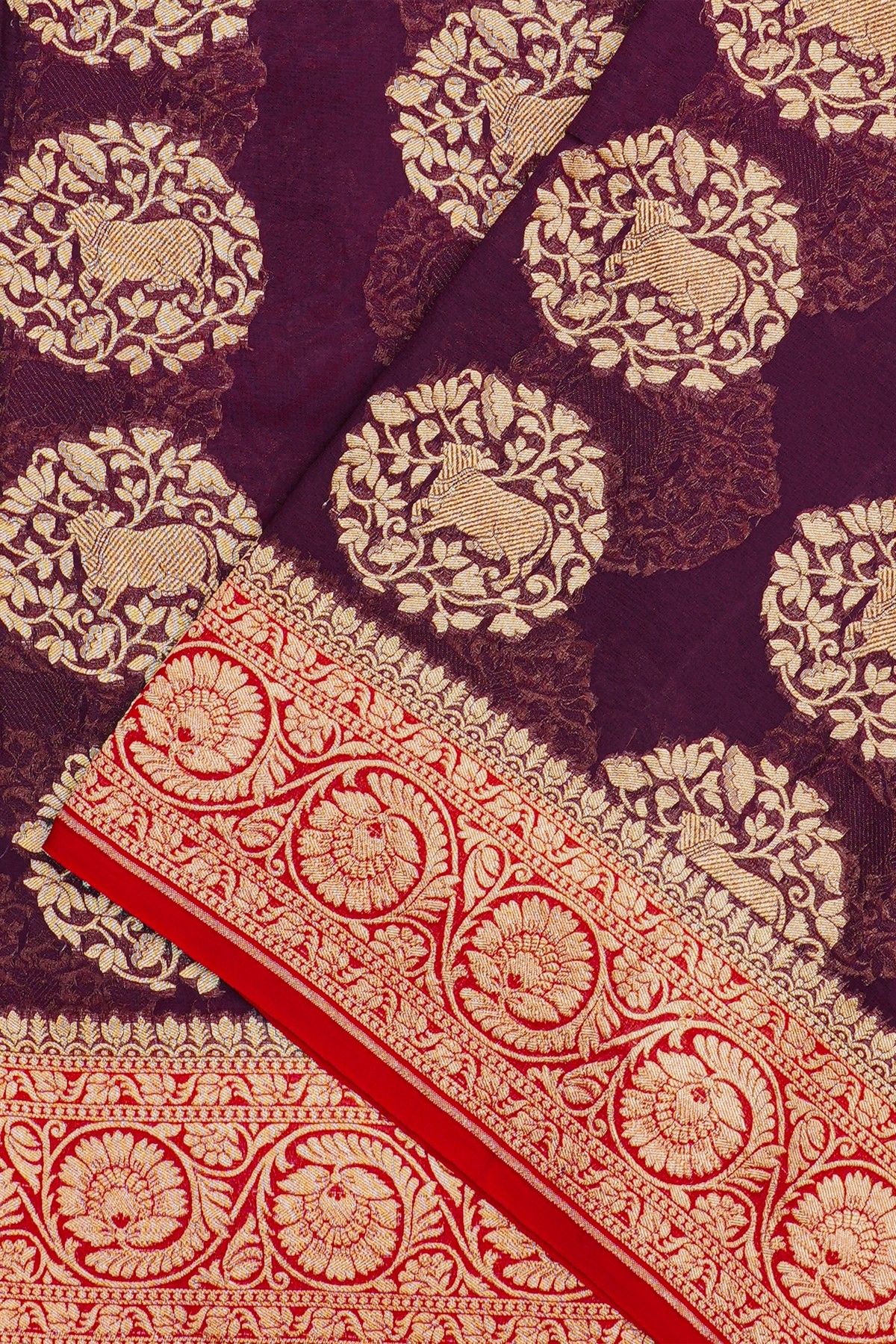Banarasi Georgette Wine Saree With Florals And Cow Buttis Body