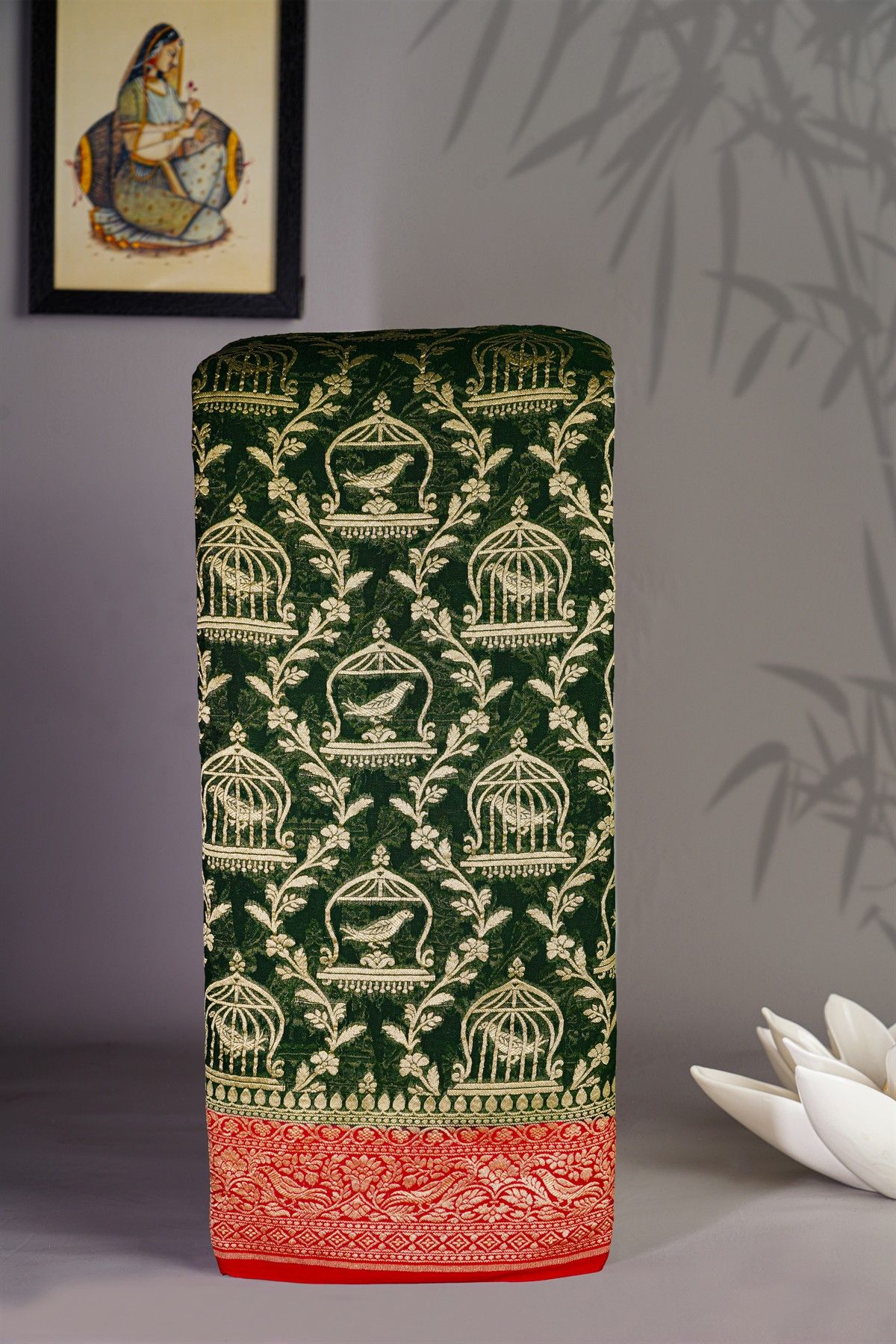 Banarasi Georgette Bottle Green Saree With Florals And Leaves With Birds Inside Cages Body