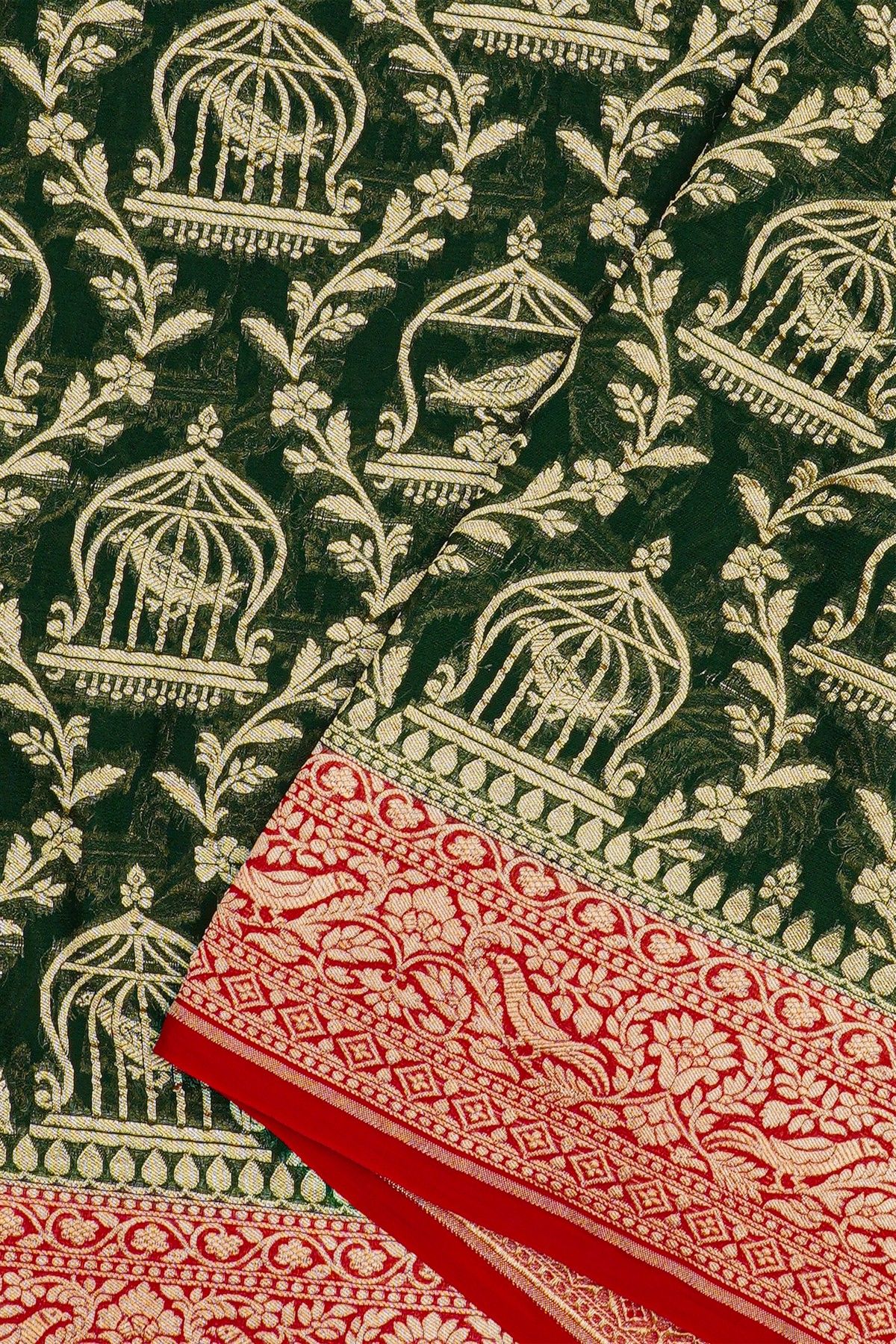 Banarasi Georgette Bottle Green Saree With Florals And Leaves With Birds Inside Cages Body