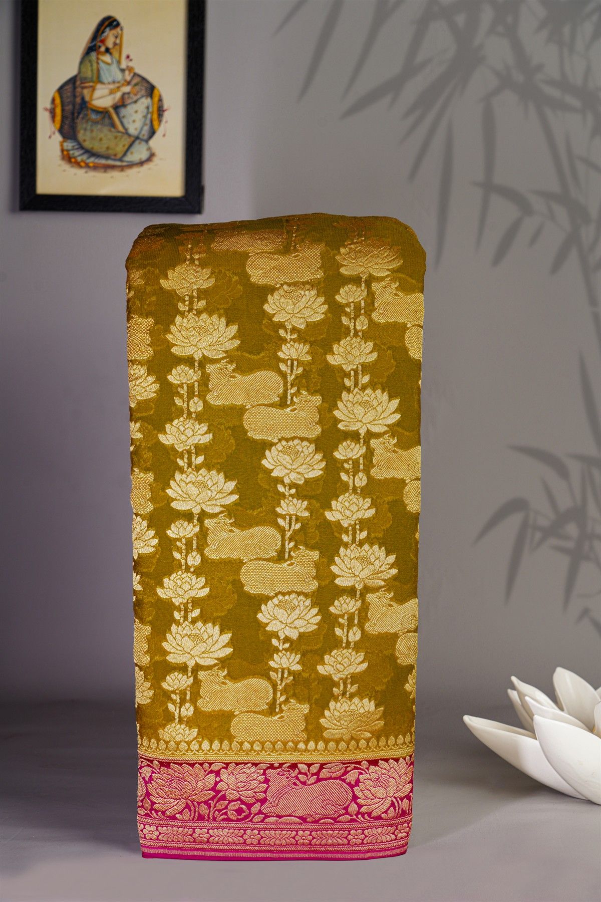 Banarasi Kaddi Georgette Mehendi Green Saree With Florals And Cows Body