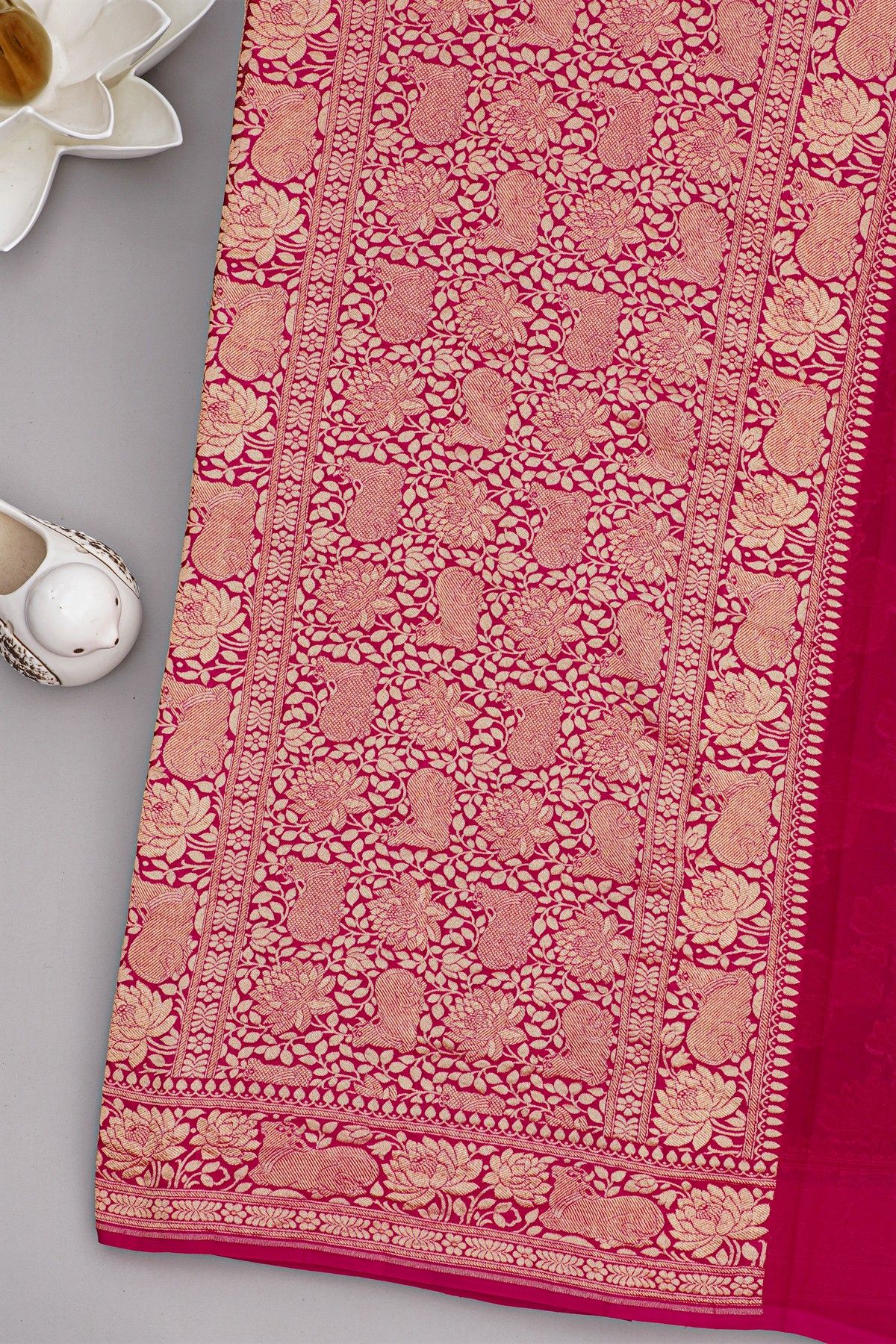 Banarasi Kaddi Georgette Mehendi Green Saree With Florals And Cows Body