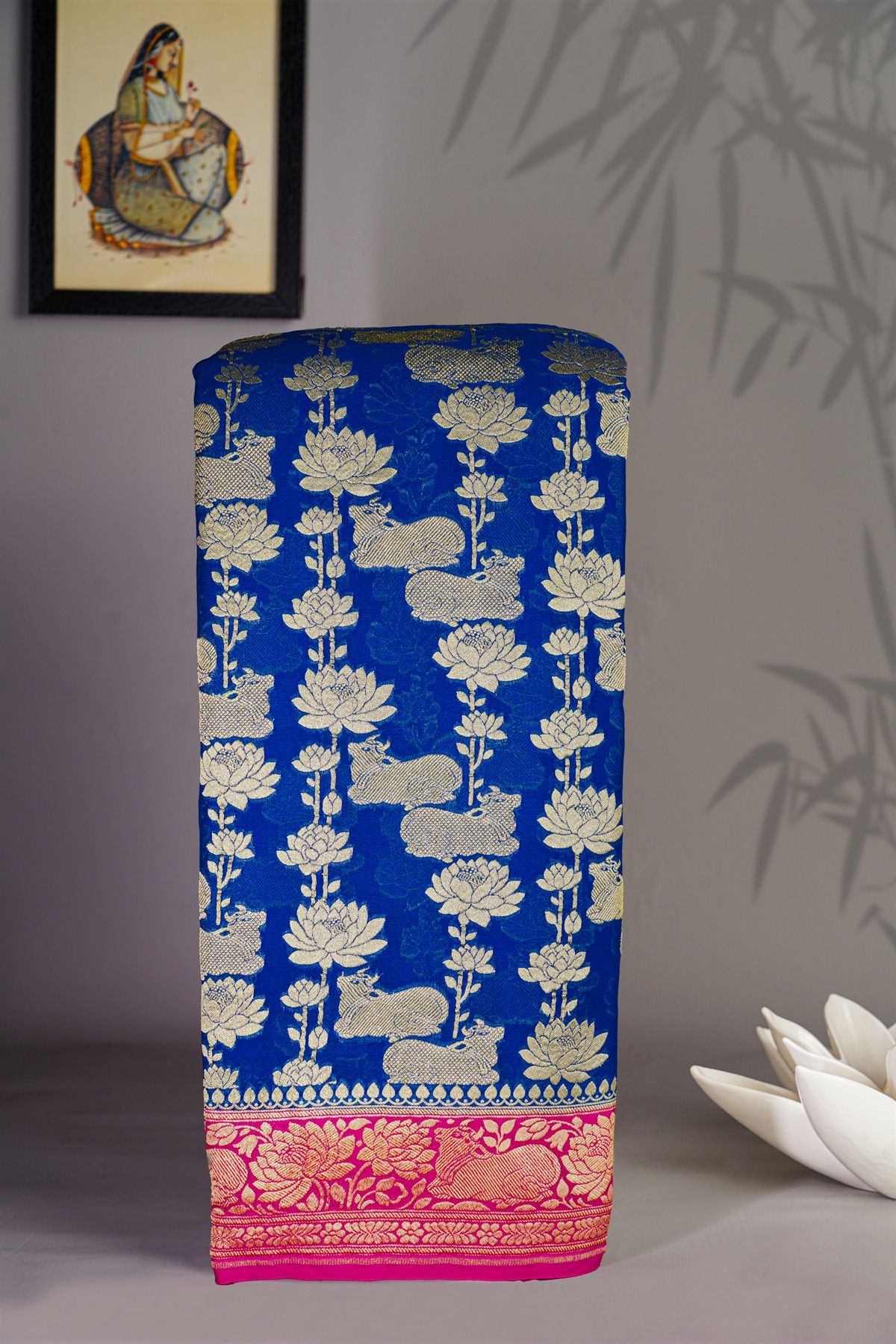 Banarasi Georgette Royal Blue Saree With Florals And Leaves With Cows Body