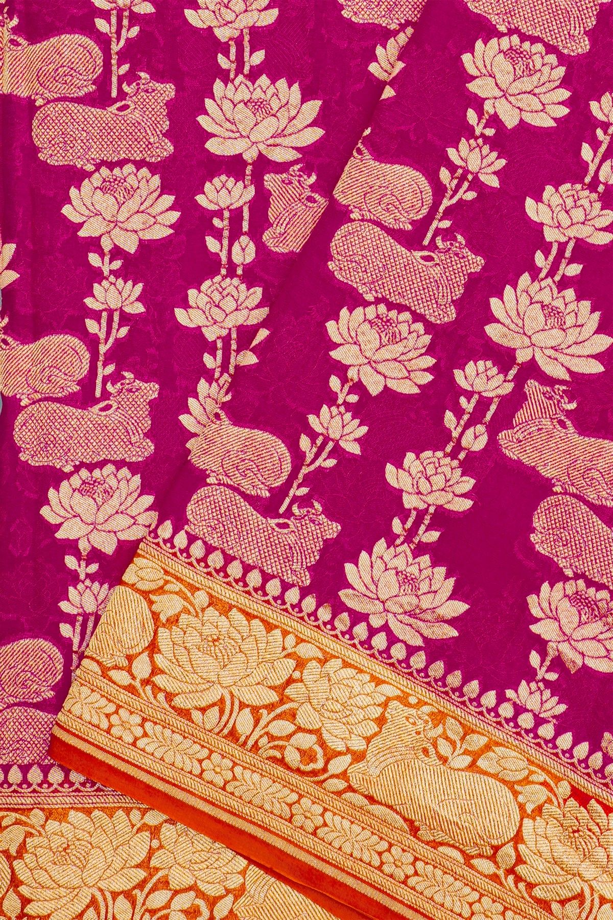 Banarasi Georgette Pink Saree With Florals And Leaves With Cows Body