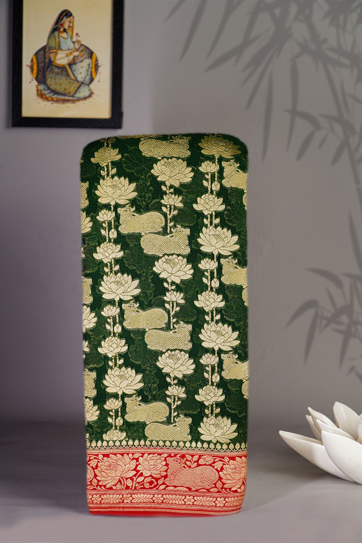 Banarasi Georgette Bottle Green Saree With Florals And Leaves With Cows Body