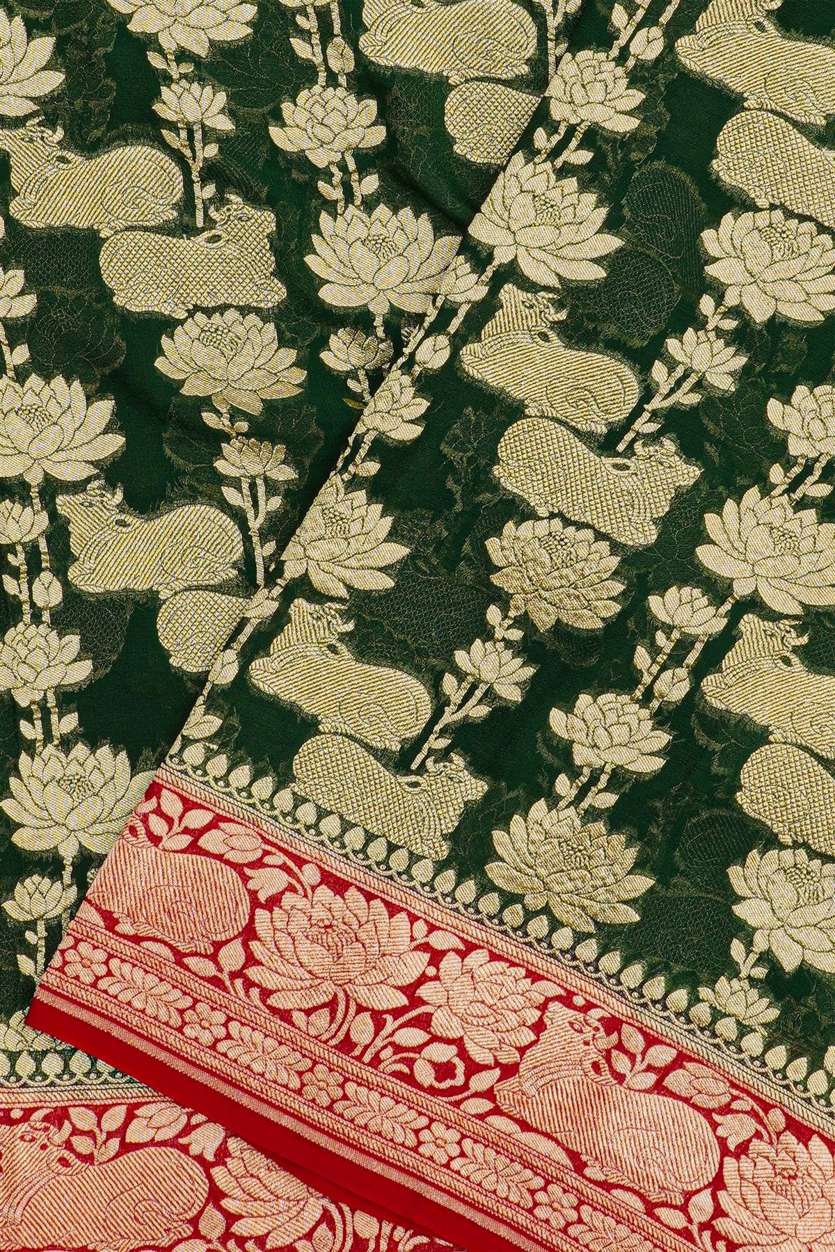 Banarasi Georgette Bottle Green Saree With Florals And Leaves With Cows Body
