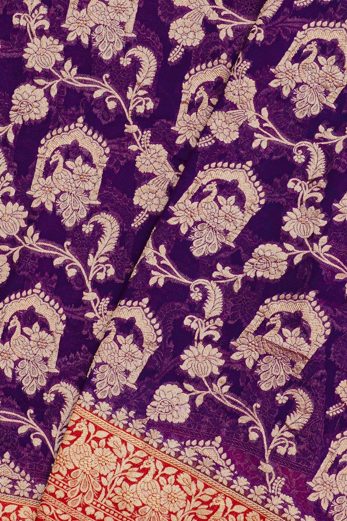 Banarasi Georgette Violet Saree With Florals And Leaves Jaal With Peacocks Body
