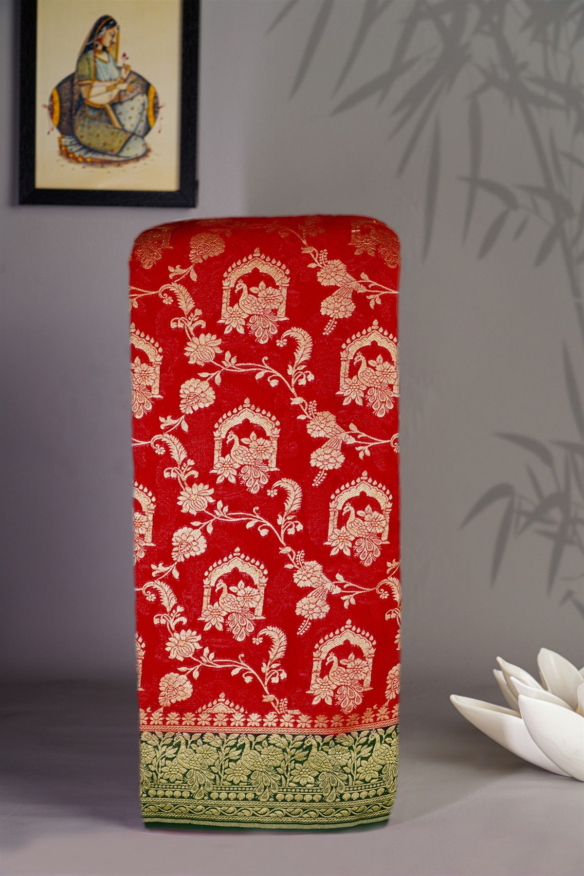 Banarasi Georgette Red Saree With Florals, Leaves Jaal And Peacocks Body
