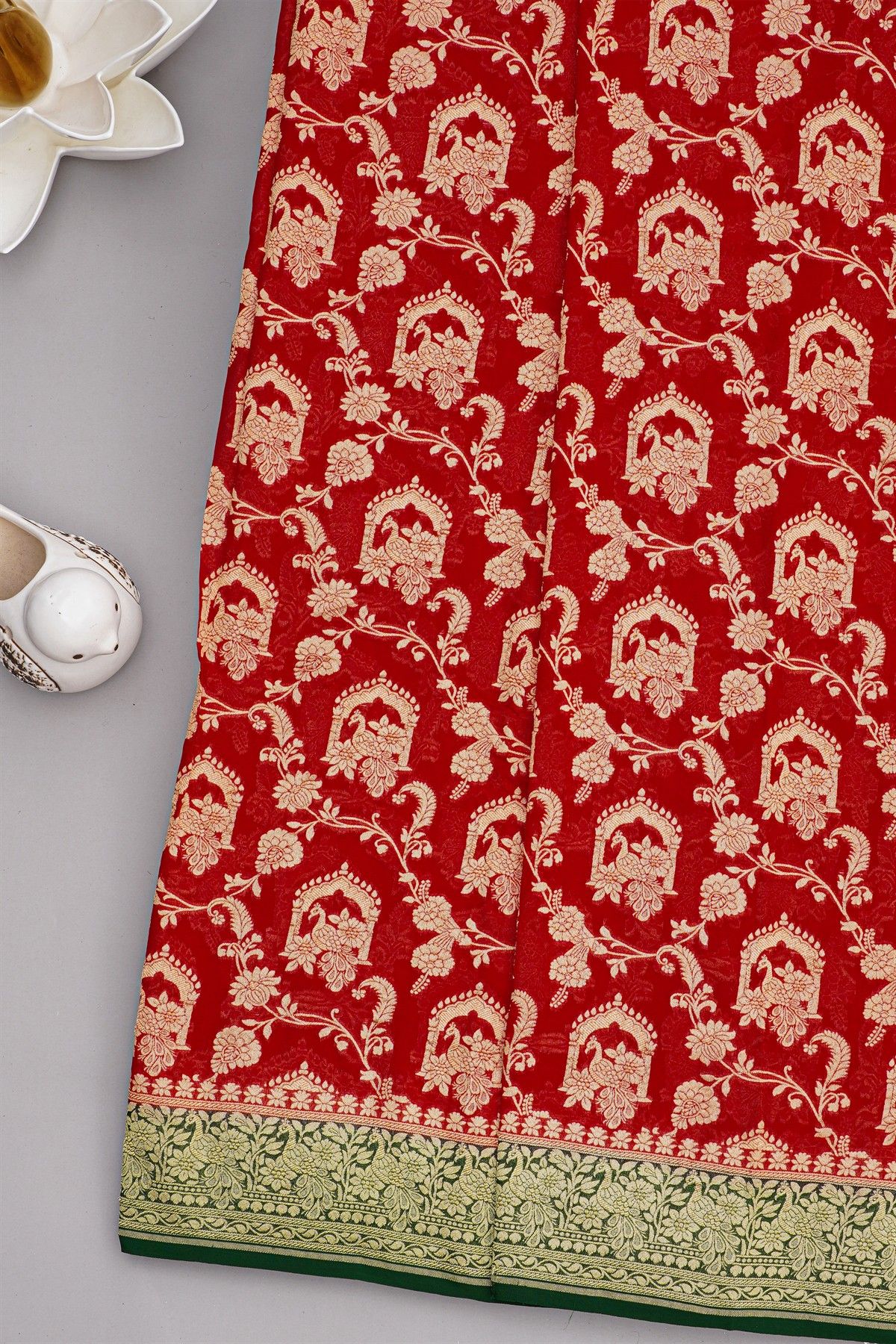 Banarasi Georgette Red Saree With Florals, Leaves Jaal And Peacocks Body