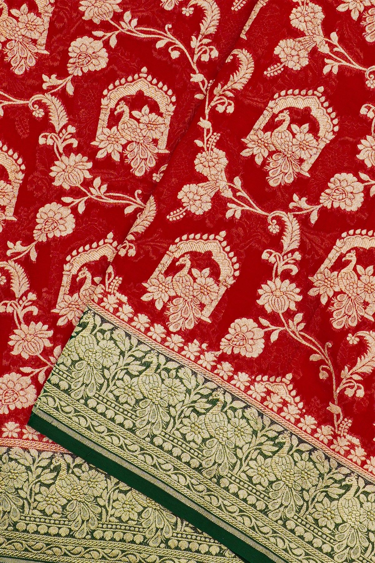 Banarasi Georgette Red Saree With Florals, Leaves Jaal And Peacocks Body
