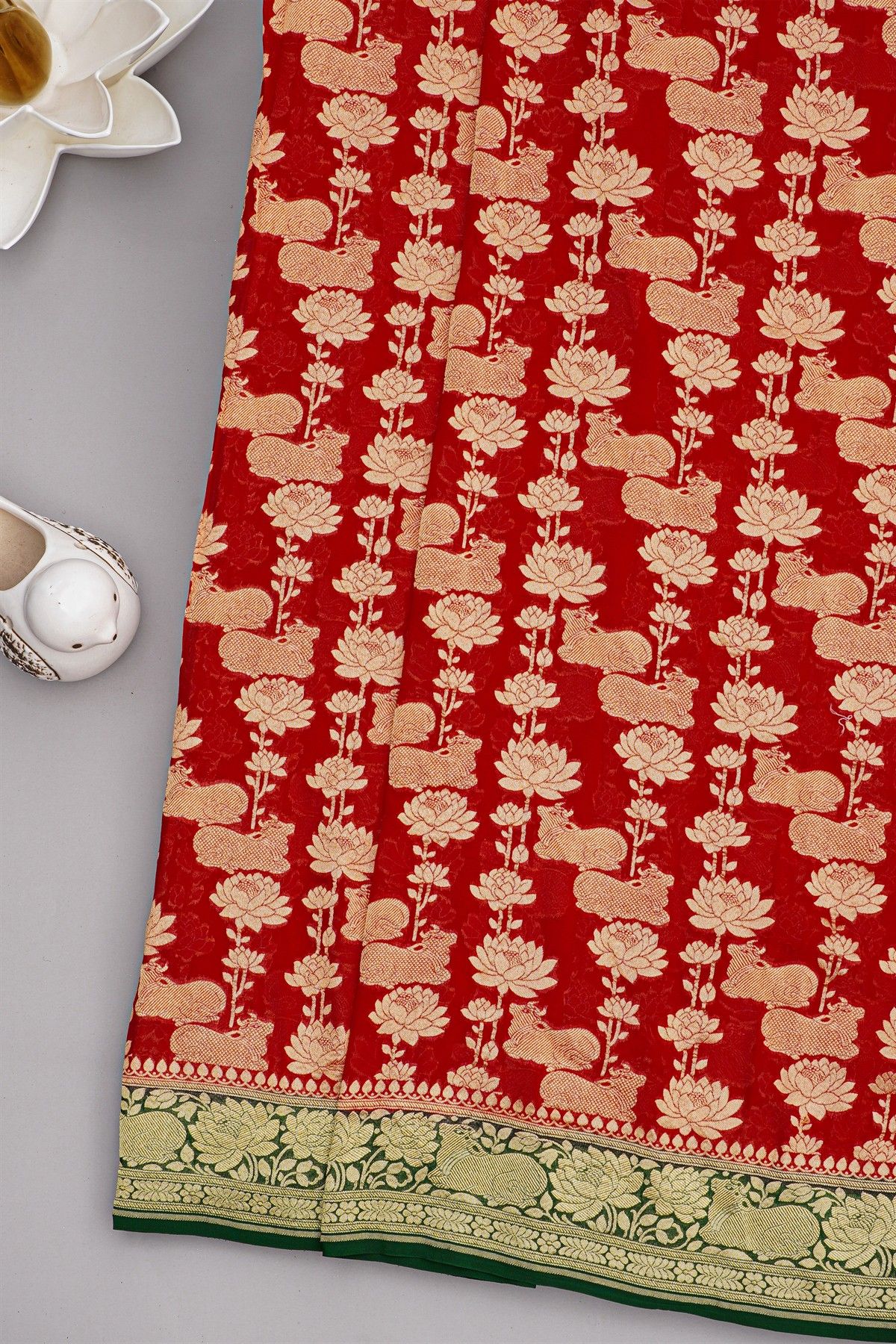 Banarasi Georgette Red Saree With Florals And Leaves With Cows Border