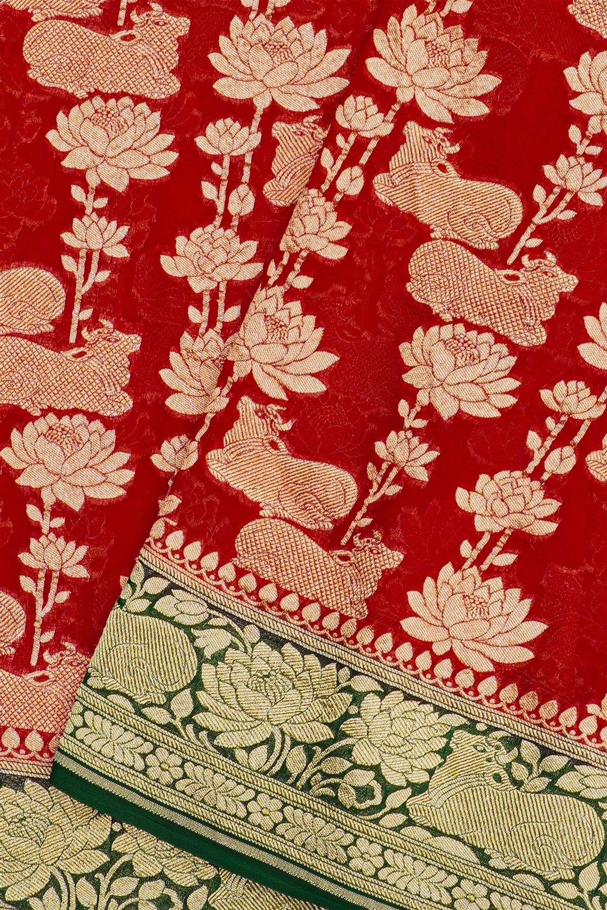 Banarasi Georgette Red Saree With Florals And Leaves With Cows Border