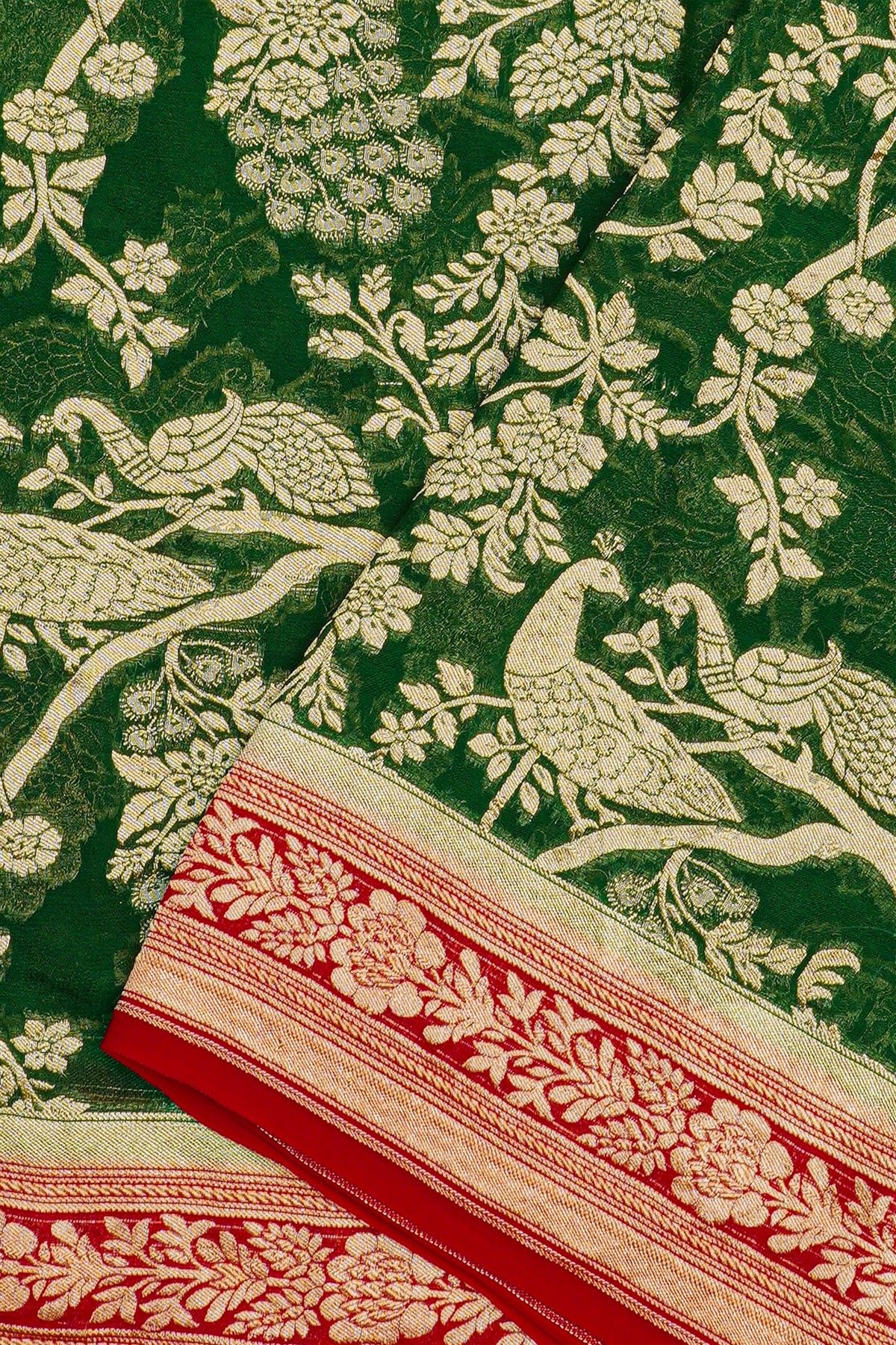 Banarasi Kaddi Georgette Bottle Green Saree With Contrast Red Border