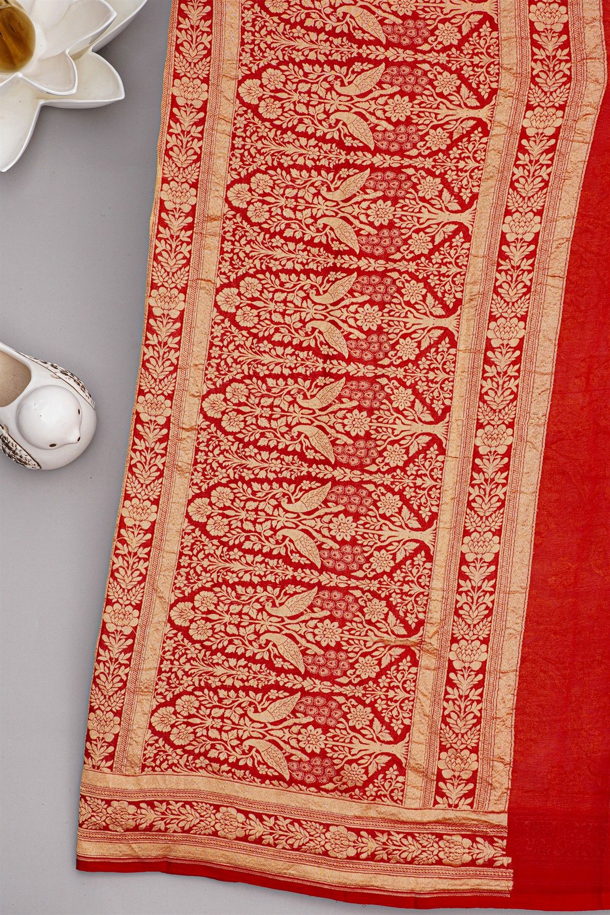 Banarasi Georgette Cream Saree With Florals And Peacocks Body
