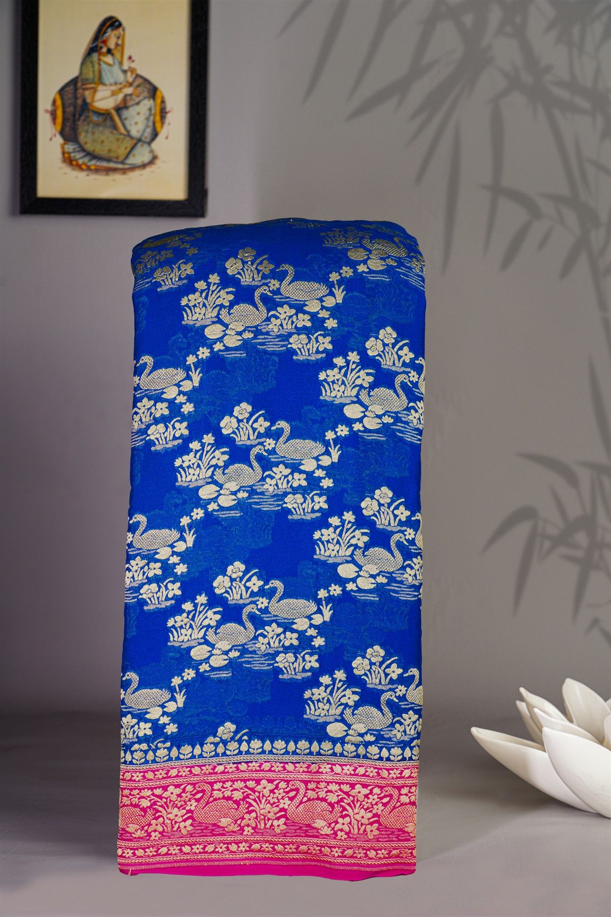Banarasi Kaddi Georgette Royal Blue Saree With Florals And Swans Border