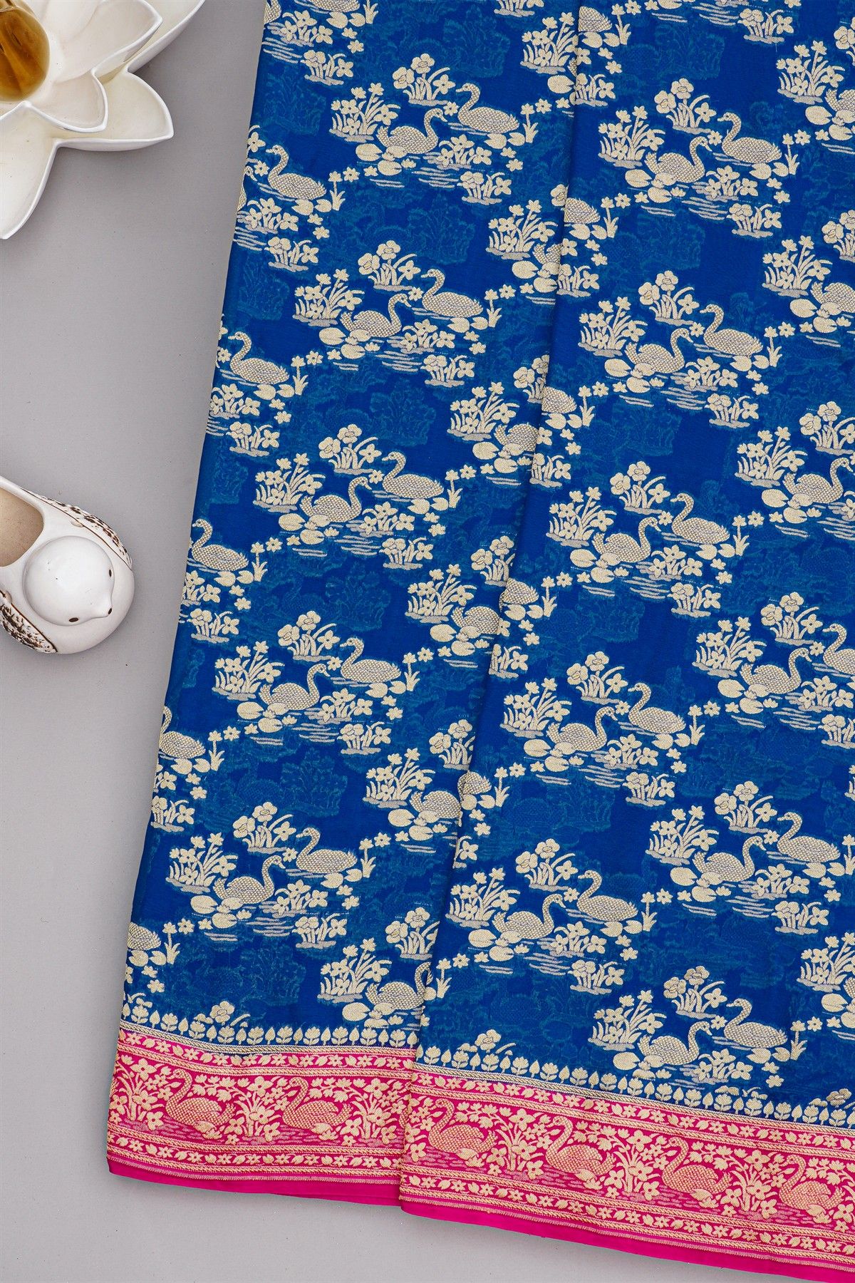 Banarasi Kaddi Georgette Royal Blue Saree With Florals And Swans Border