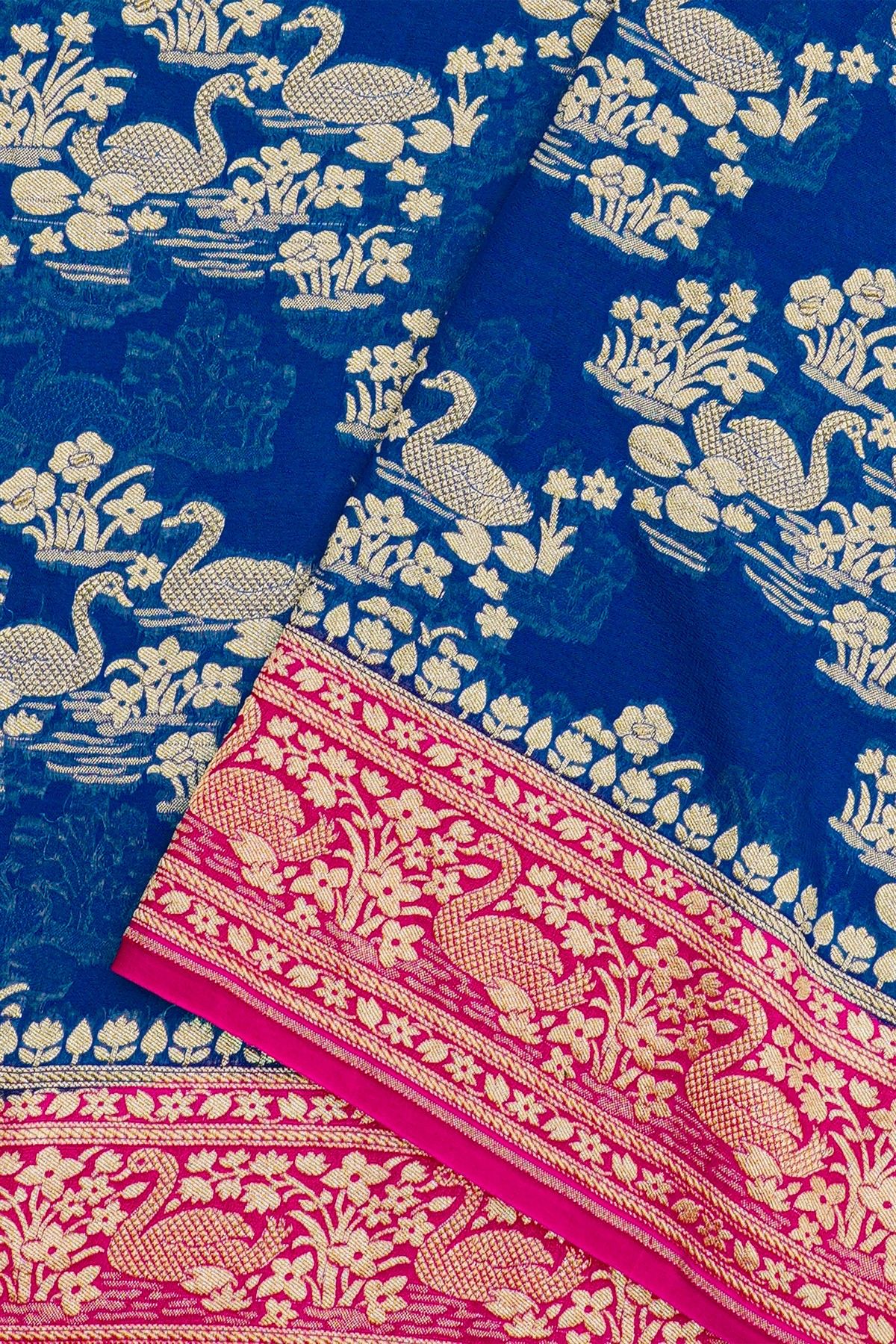 Banarasi Kaddi Georgette Royal Blue Saree With Florals And Swans Border