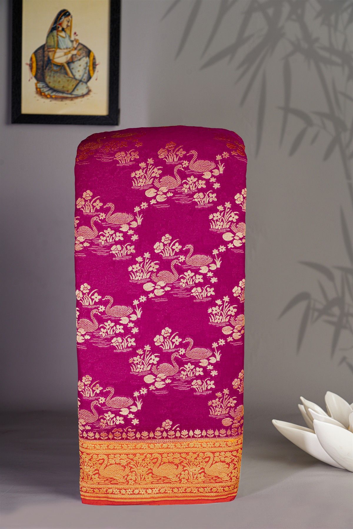 Banarasi Kaddi Georgette Rani Pink Saree With Florals And Swans Border