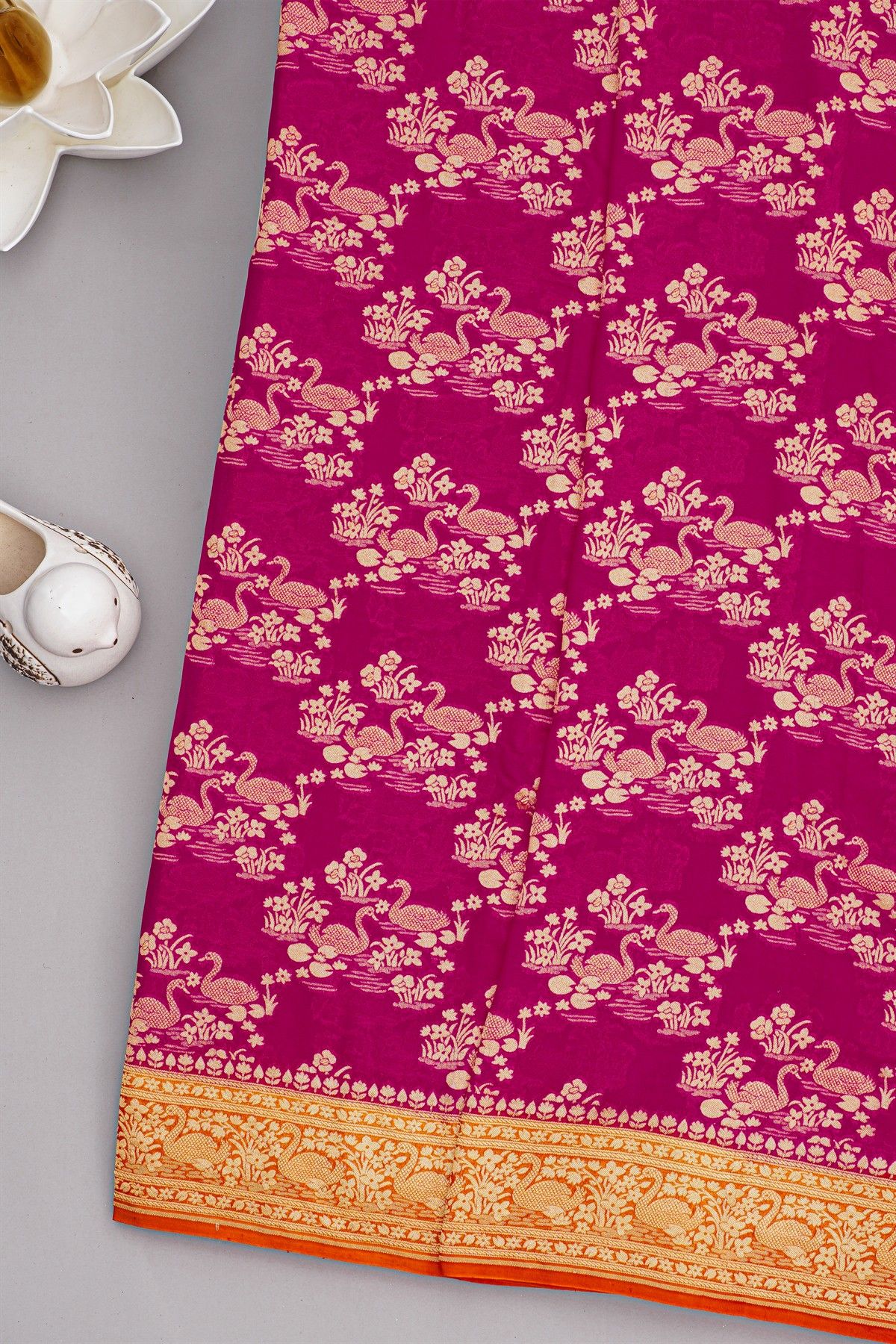 Banarasi Kaddi Georgette Rani Pink Saree With Florals And Swans Border