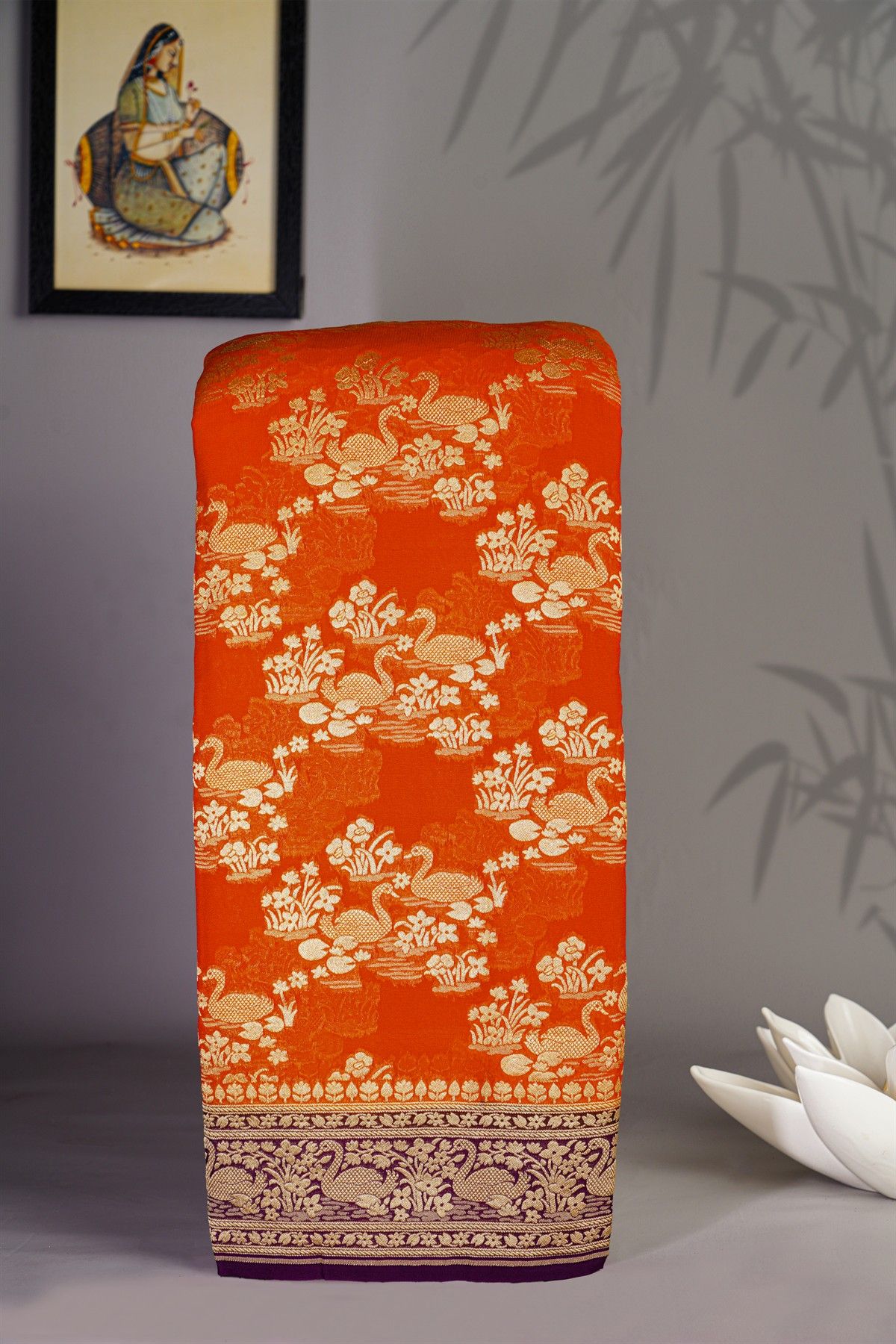 Banarasi Kaddi Georgette Orange Saree With Florals And Swans Border