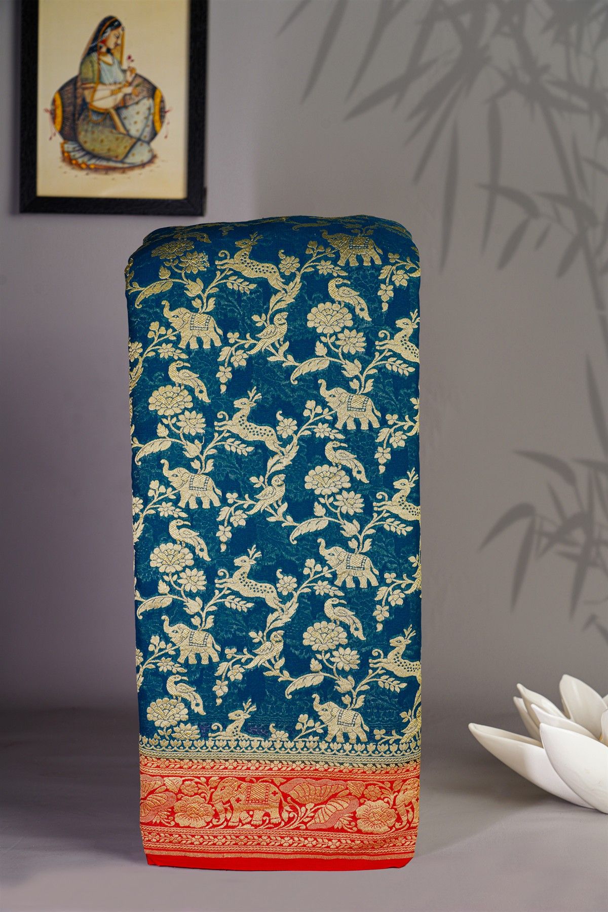 Banarasi Kaddi Georgette Dark Peacock Blue Saree With Animals And Birds Border