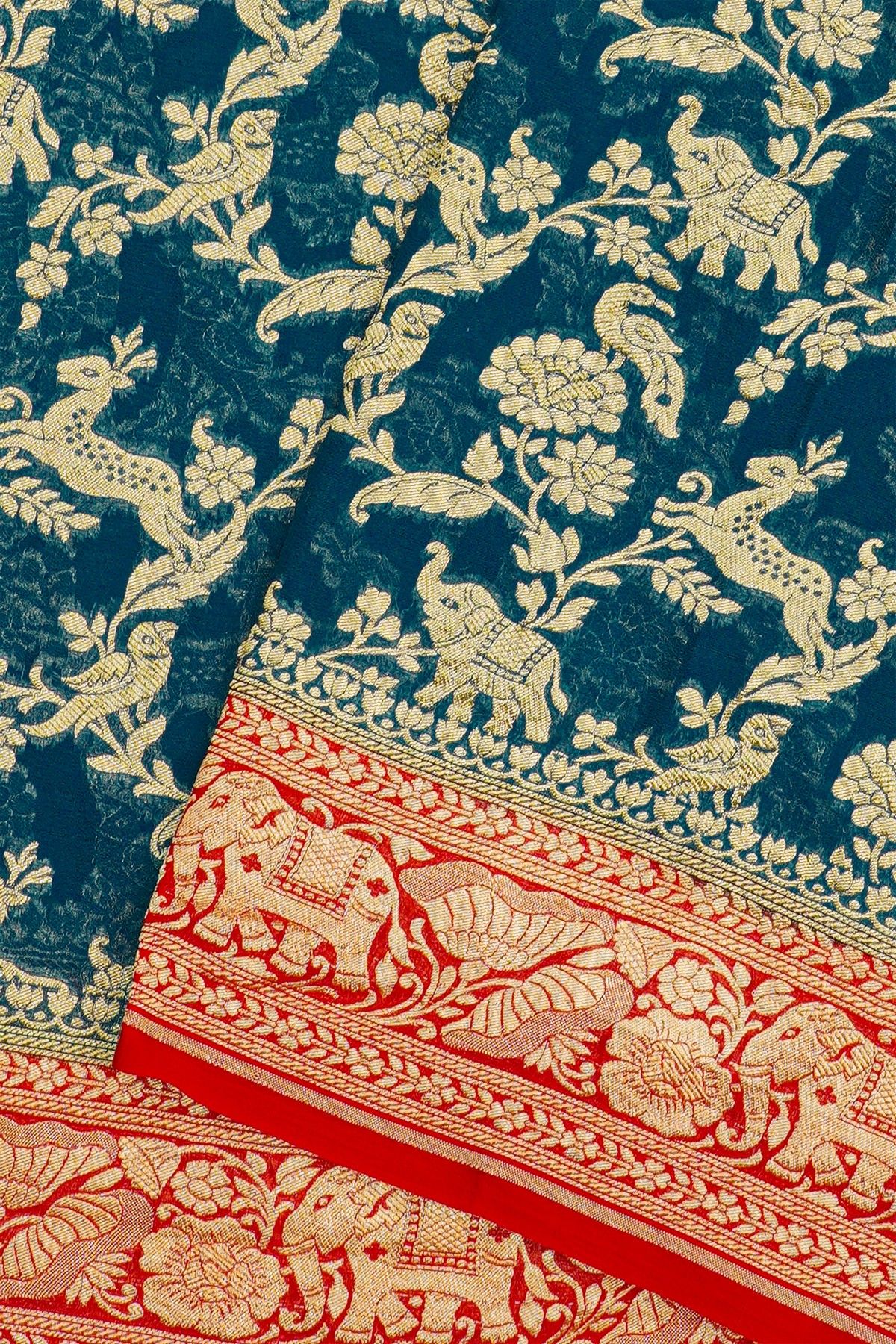 Banarasi Kaddi Georgette Dark Peacock Blue Saree With Animals And Birds Border
