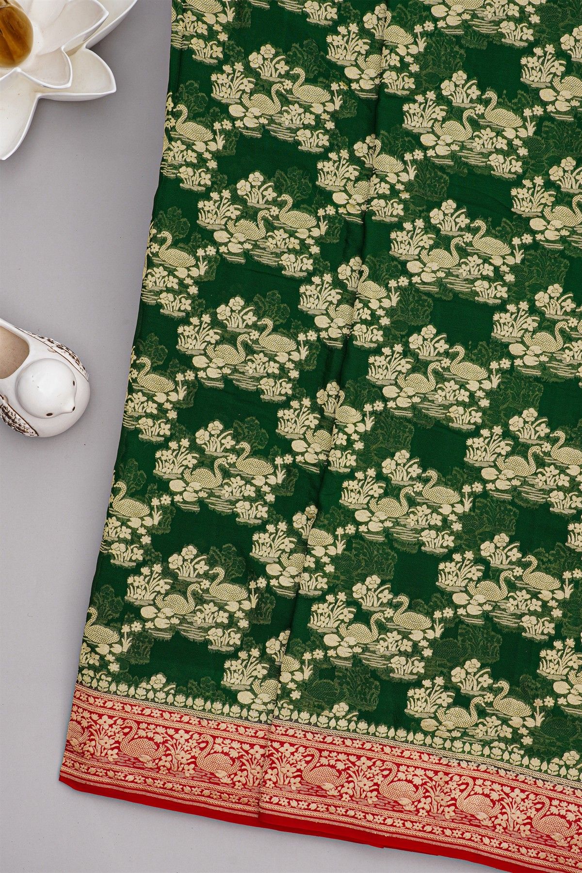Banarasi Georgette Bottle Green Saree With Florals And Swans Border