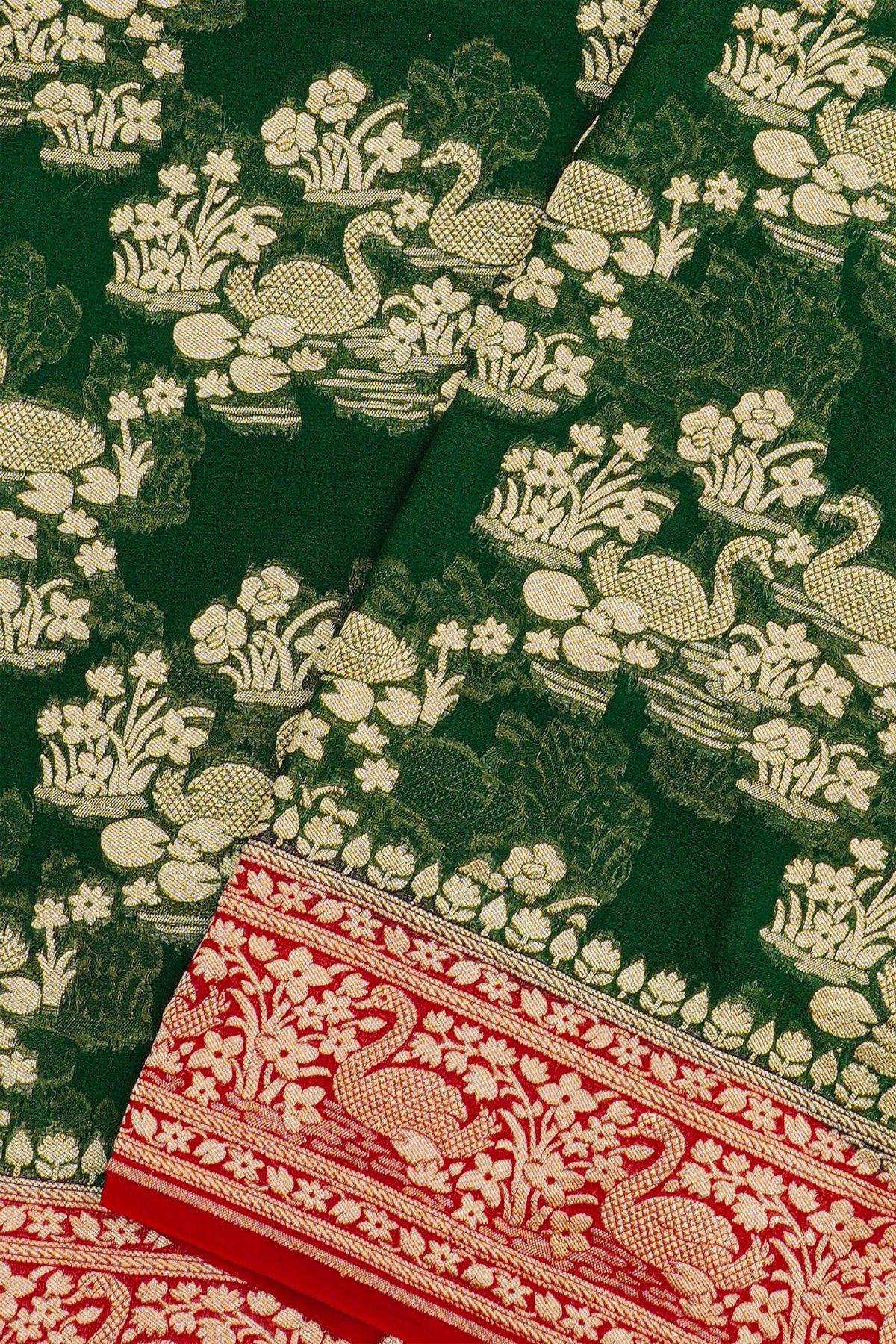 Banarasi Georgette Bottle Green Saree With Florals And Swans Border
