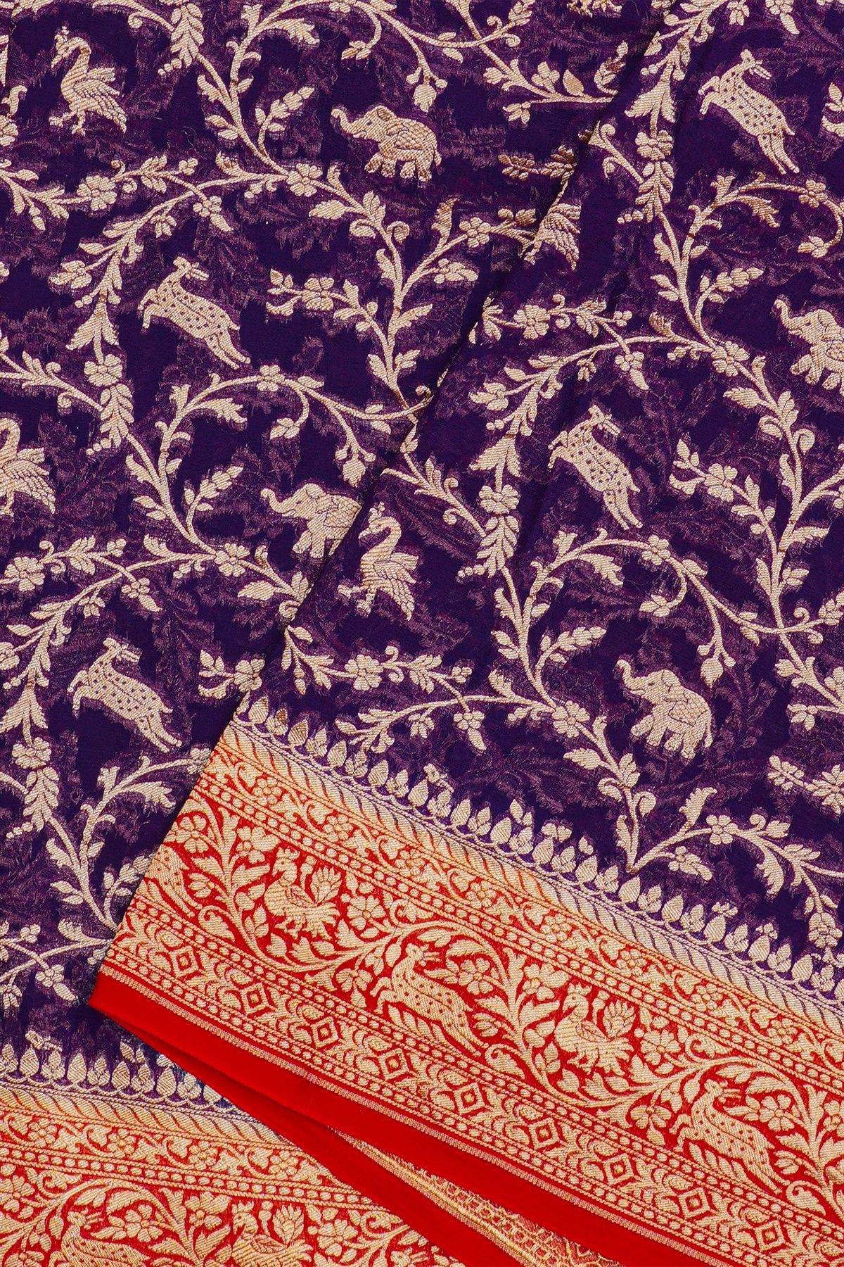 Banarasi Georgette Dark Violet Saree With Animals And Birds Body