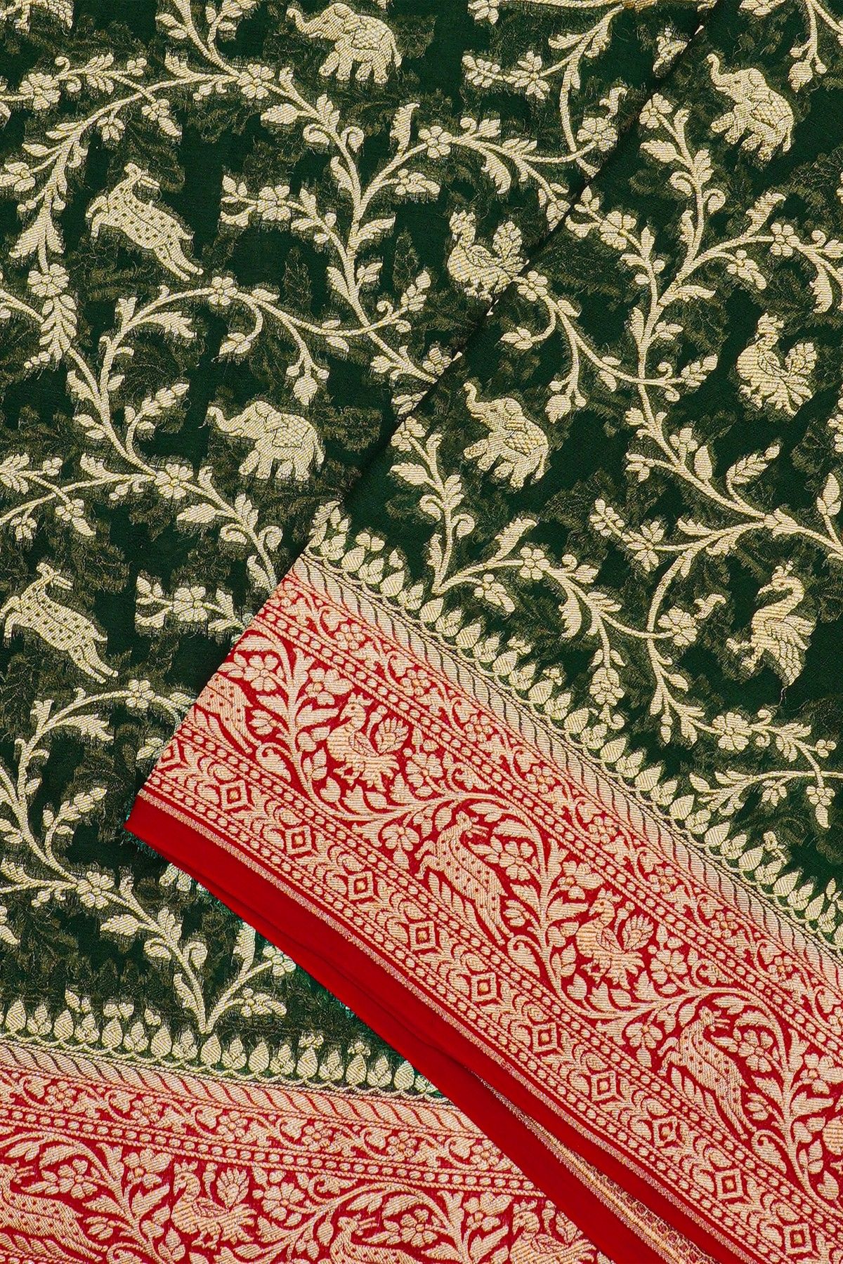 Banarasi Kaddi Georgette Bottle Green Saree With All Over Floral Jaal