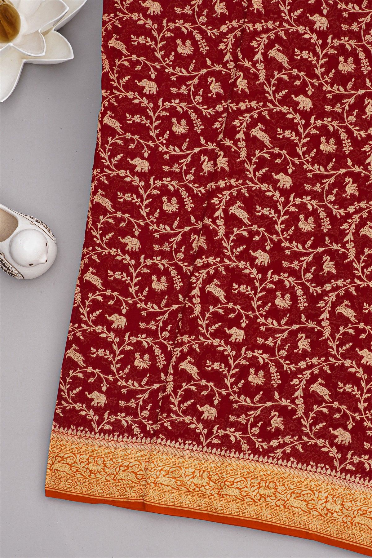 Banarasi Kaddi Georgette Red Saree With Animals And Birds