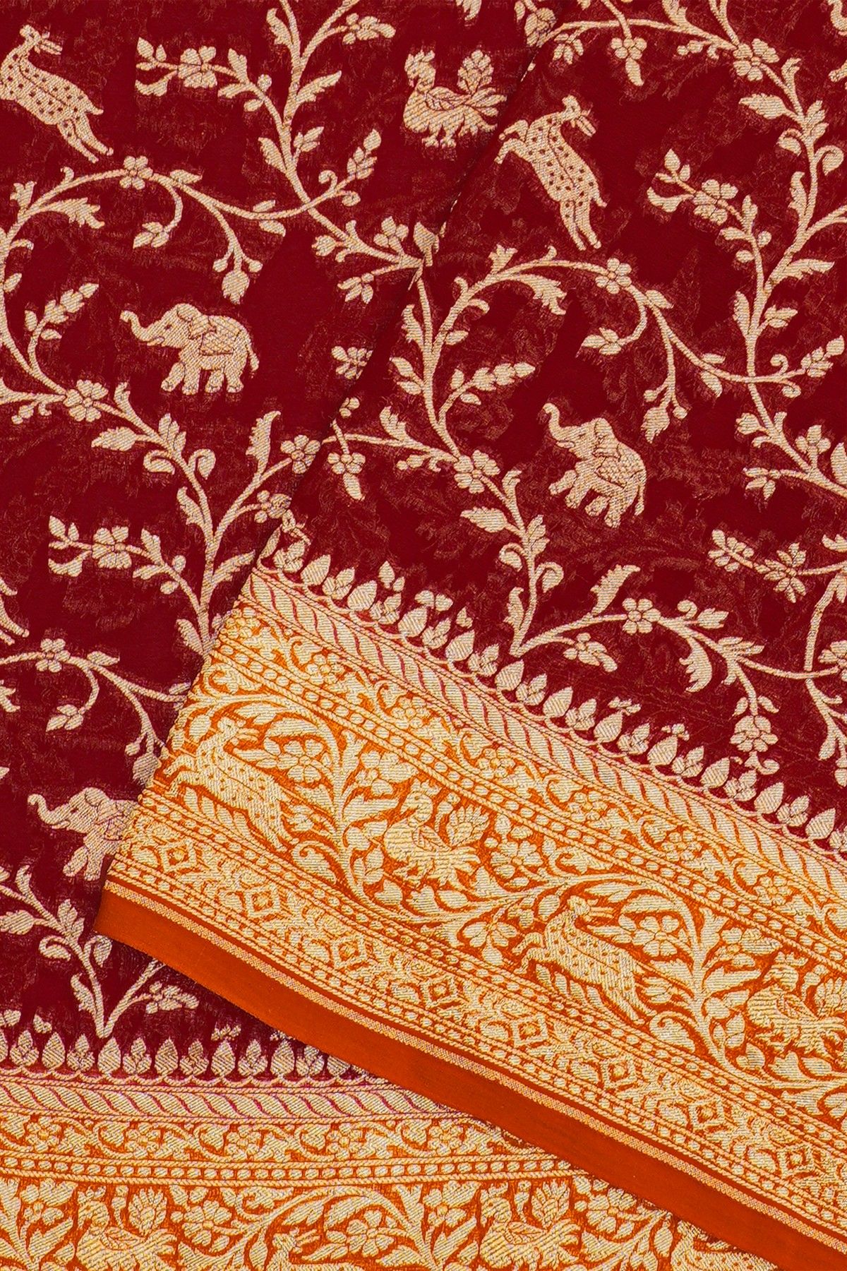 Banarasi Kaddi Georgette Red Saree With Animals And Birds