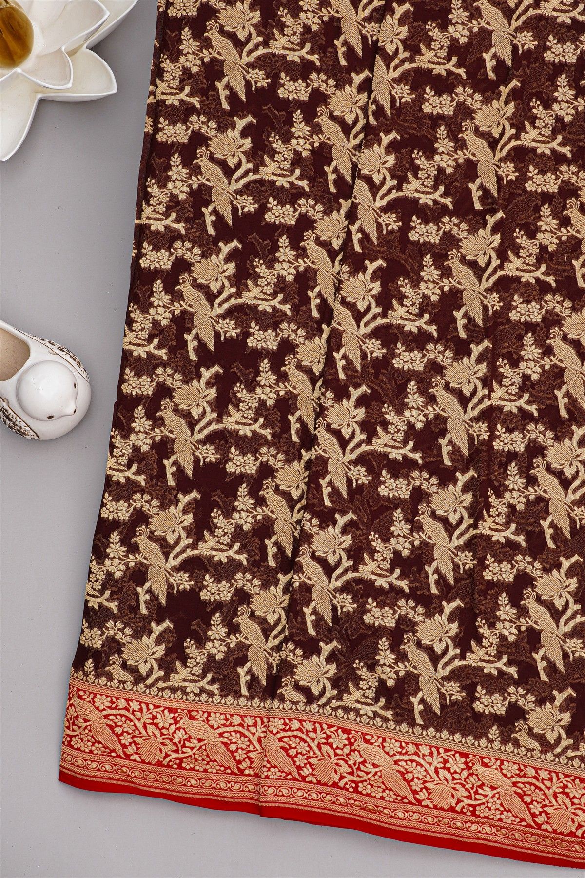 Banarasi Kaddi Georgette Dark Maroon Saree With Florals And Birds Border