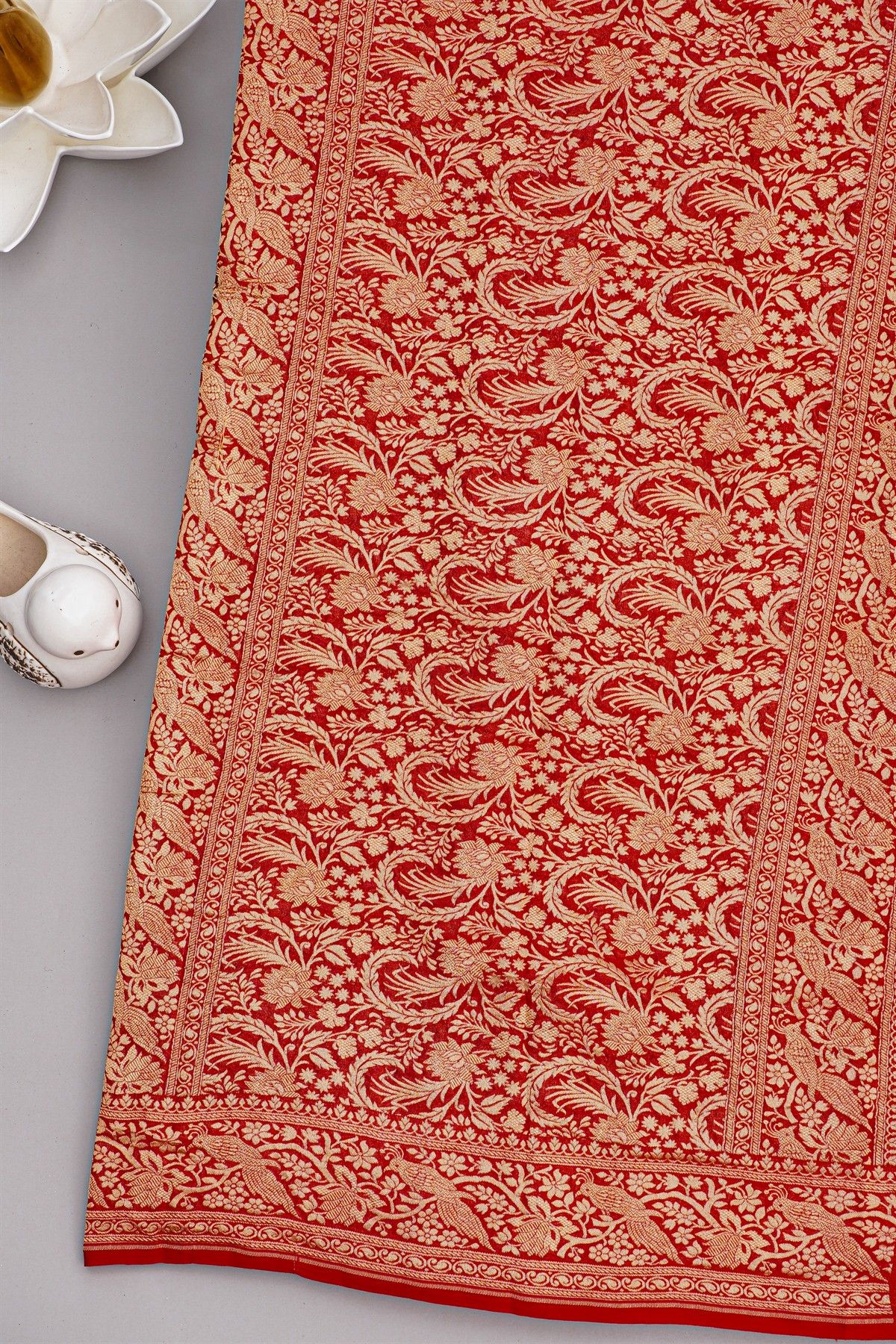 Banarasi Kaddi Georgette Dark Maroon Saree With Florals And Birds Border