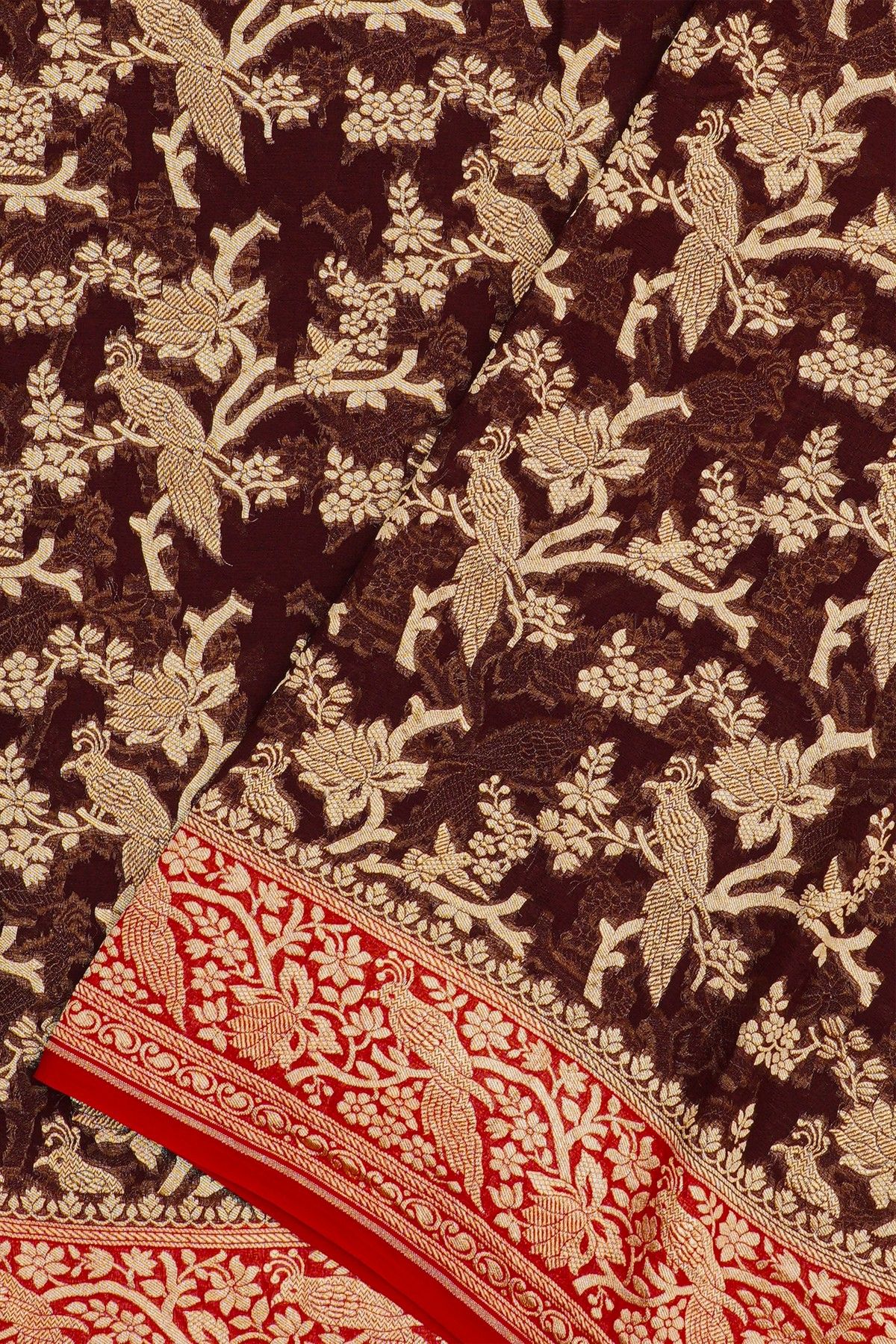 Banarasi Kaddi Georgette Dark Maroon Saree With Florals And Birds Border