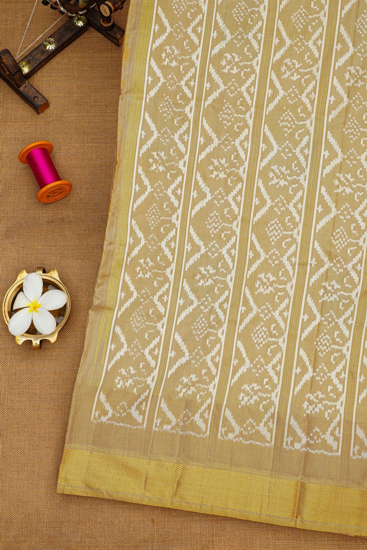Ikat Silk Yellow Saree With Peacock Buttis Body