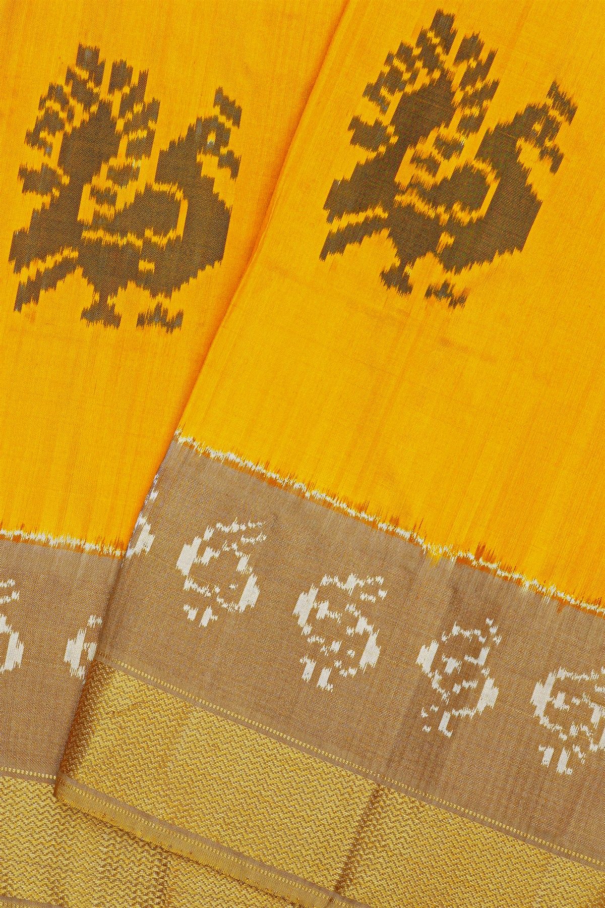 Ikat Silk Yellow Saree With Peacock Buttis Body