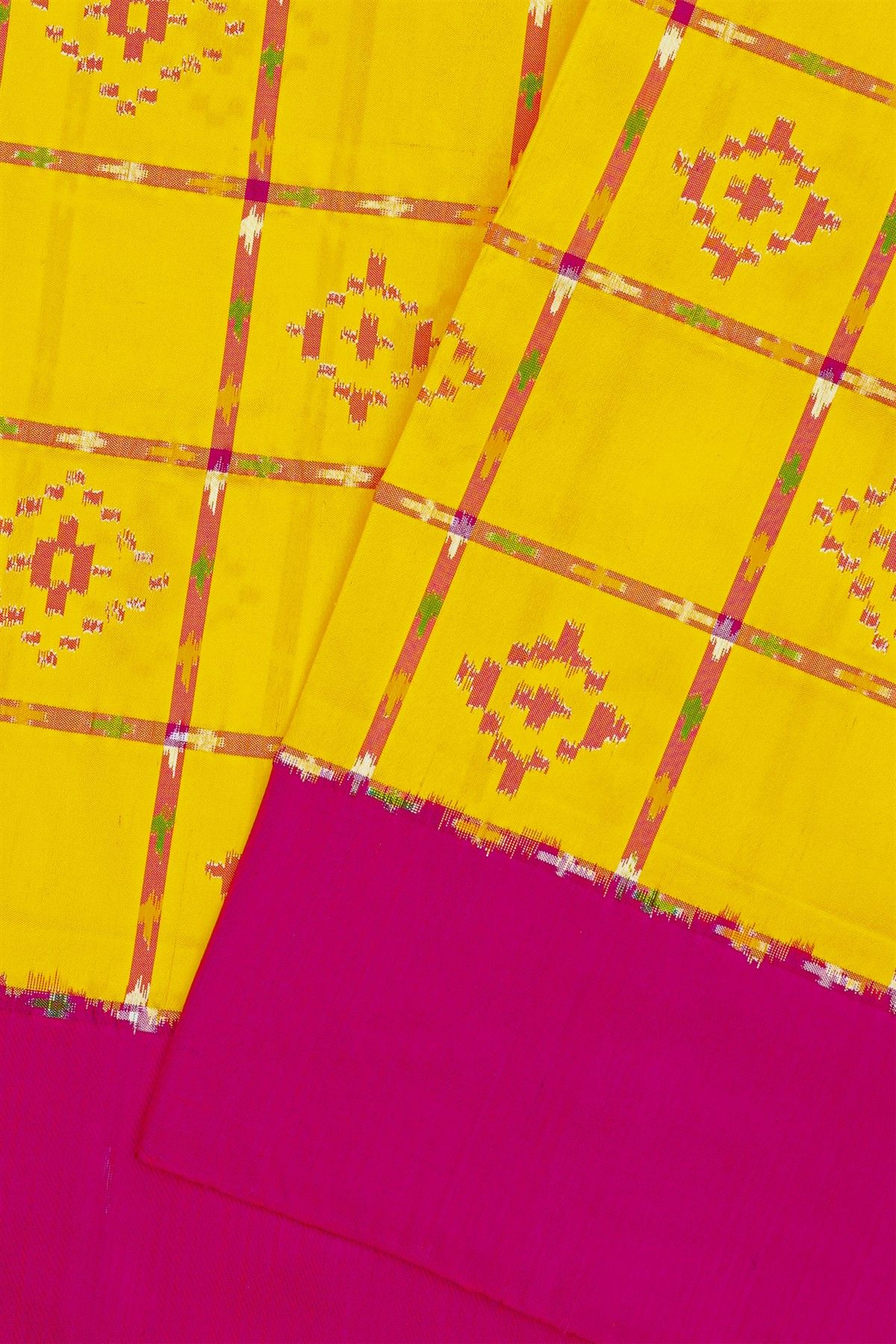 Ikat Silk Yellow Saree With Checks And Florals Body
