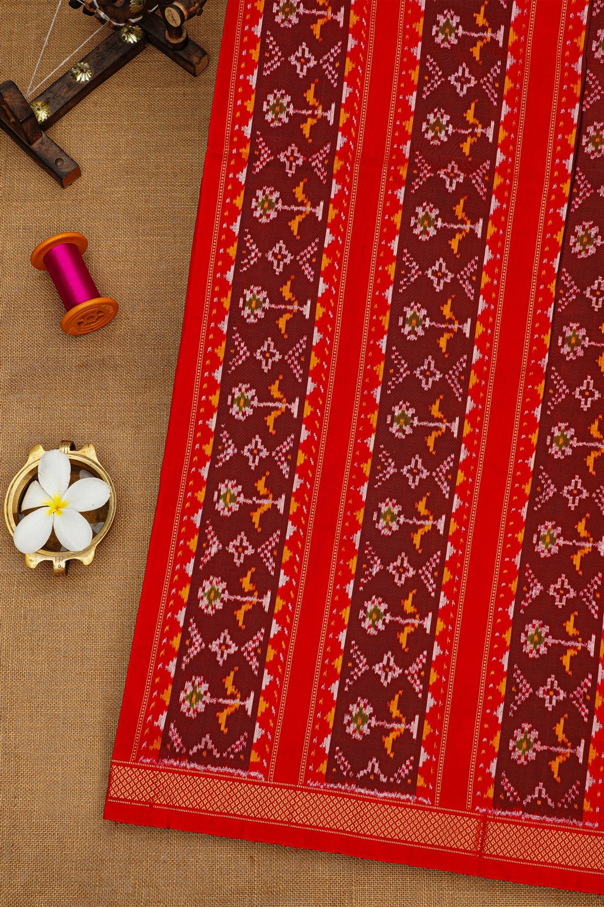 Ikat Silk Rani Pink Saree With Checks And Floral Jaal Body