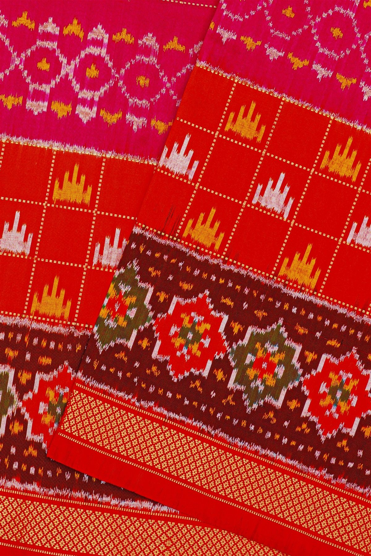Ikat Silk Rani Pink Saree With Checks And Floral Jaal Body