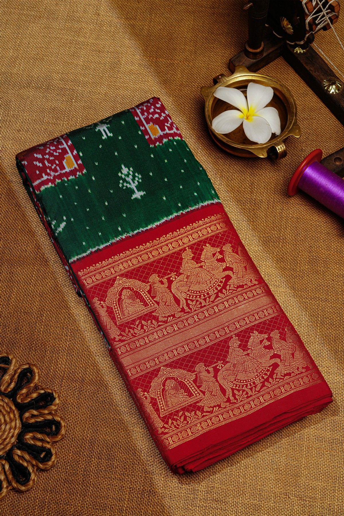 Ikat Silk Bottle Green Saree With Florals In Boxes Body