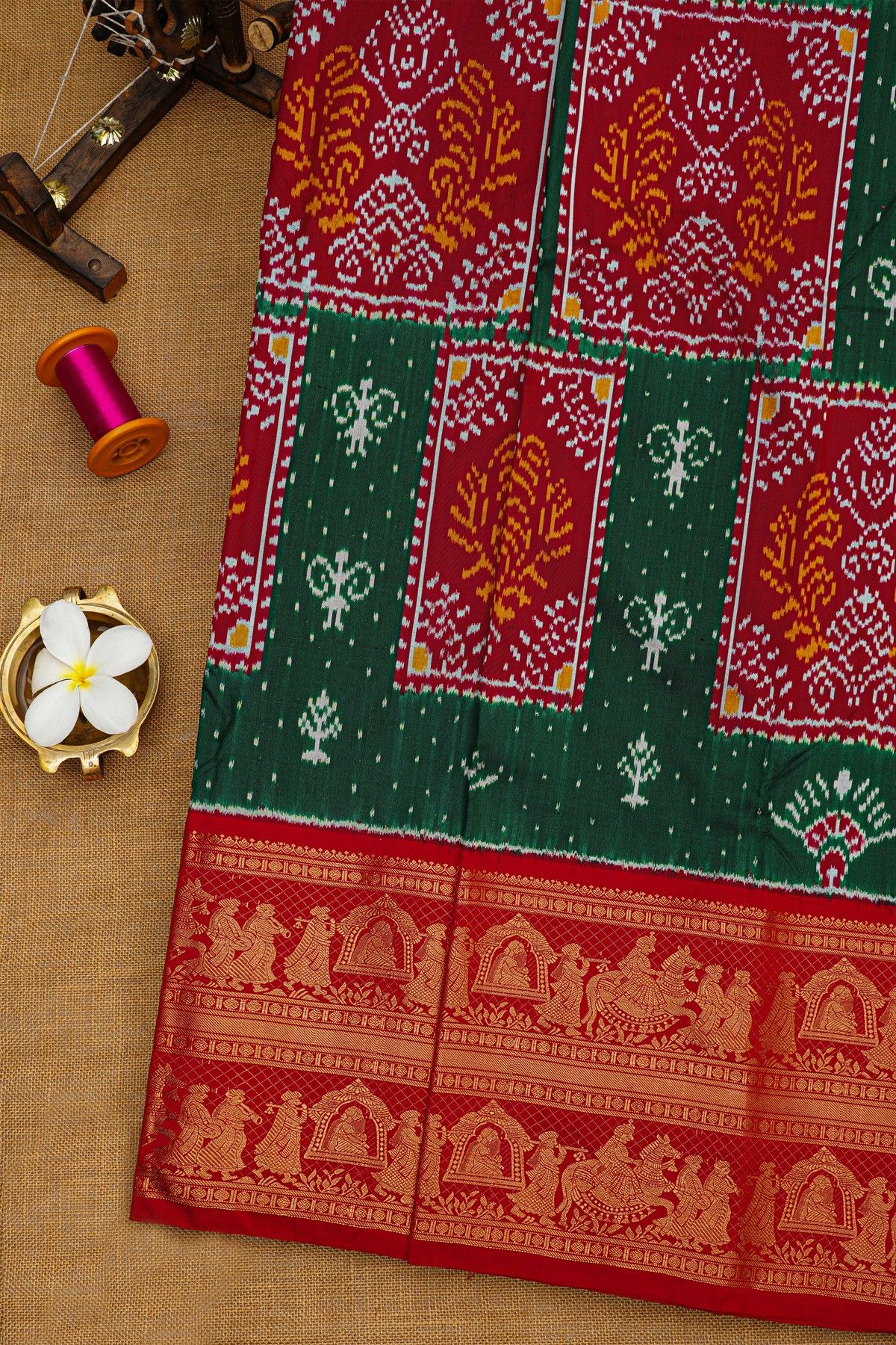 Ikat Silk Bottle Green Saree With Florals In Boxes Body