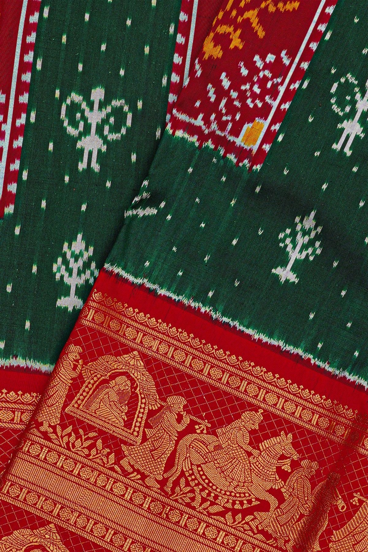 Ikat Silk Bottle Green Saree With Florals In Boxes Body