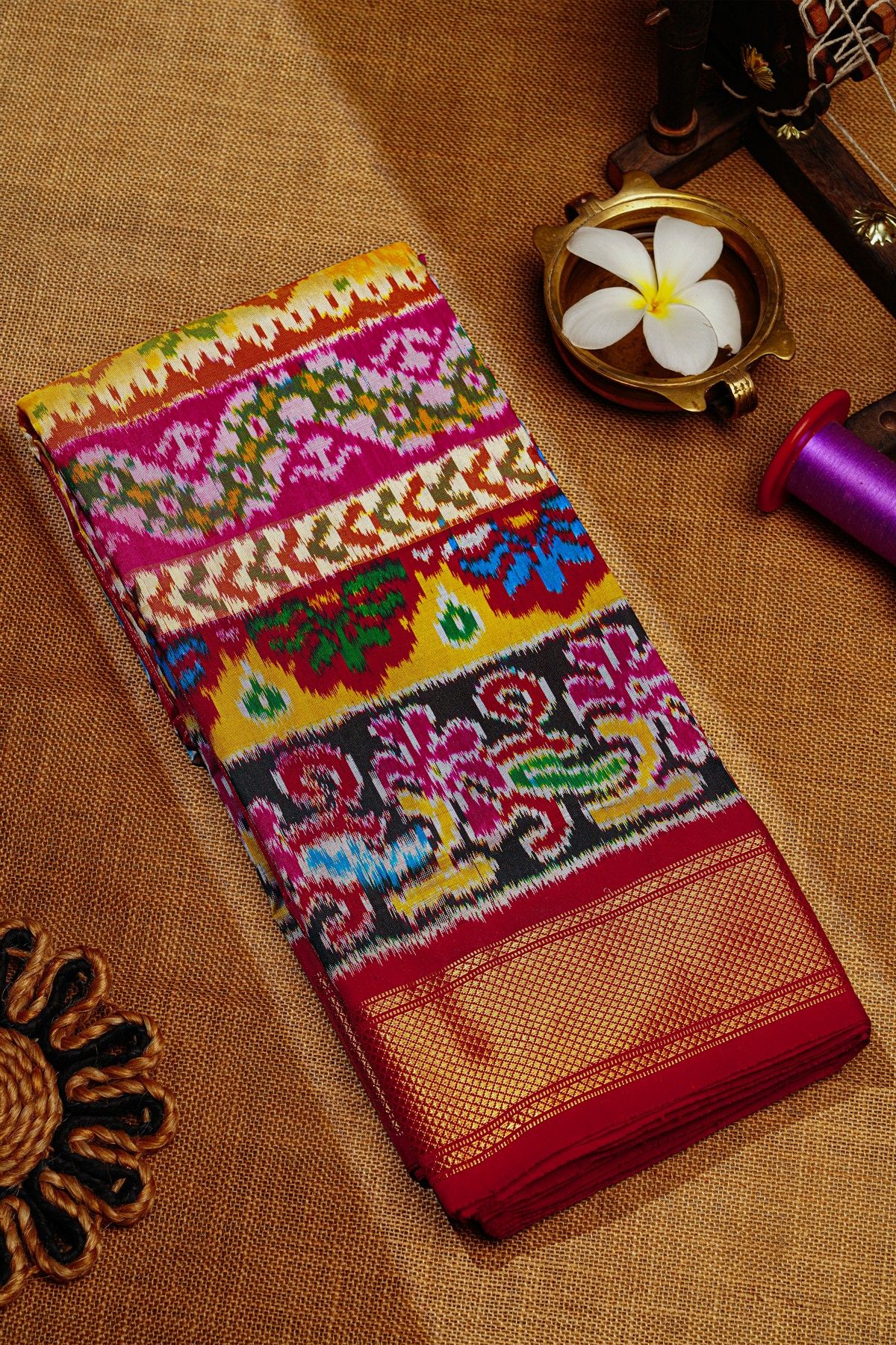 Ikat Silk Multi-Colour Saree With Florals And Buttis Body